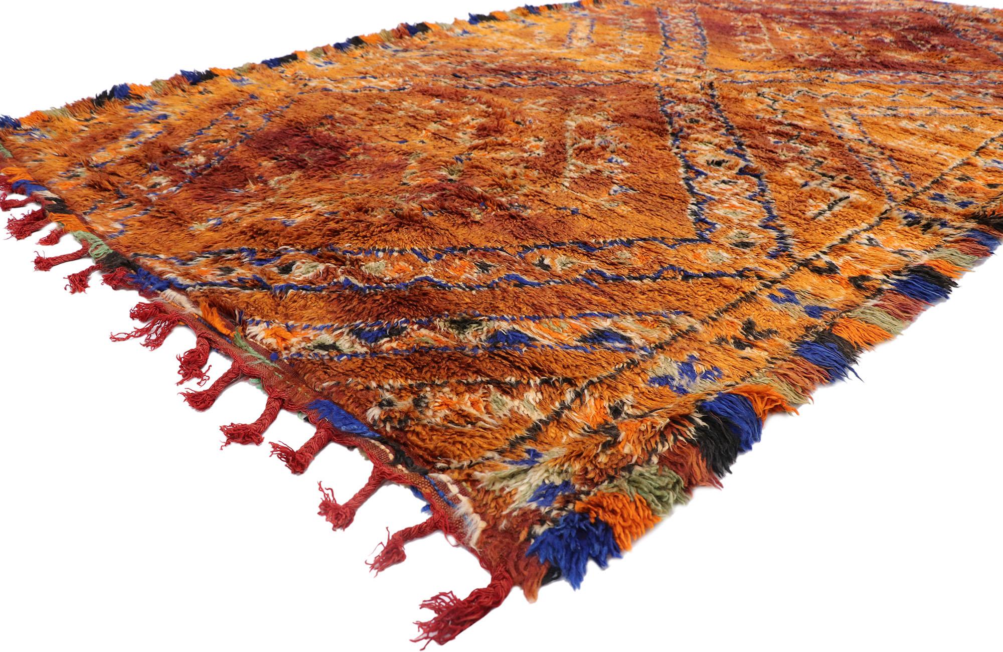 21292 Vintage Berber Beni M'Guild Moroccan rug with Mid-Century Modern Style 06'01 x 10'10. Showcasing a bold expressive design, incredible detail and texture, this hand knotted wool vintage Berber Beni M'Guild Moroccan rug is a captivating vision