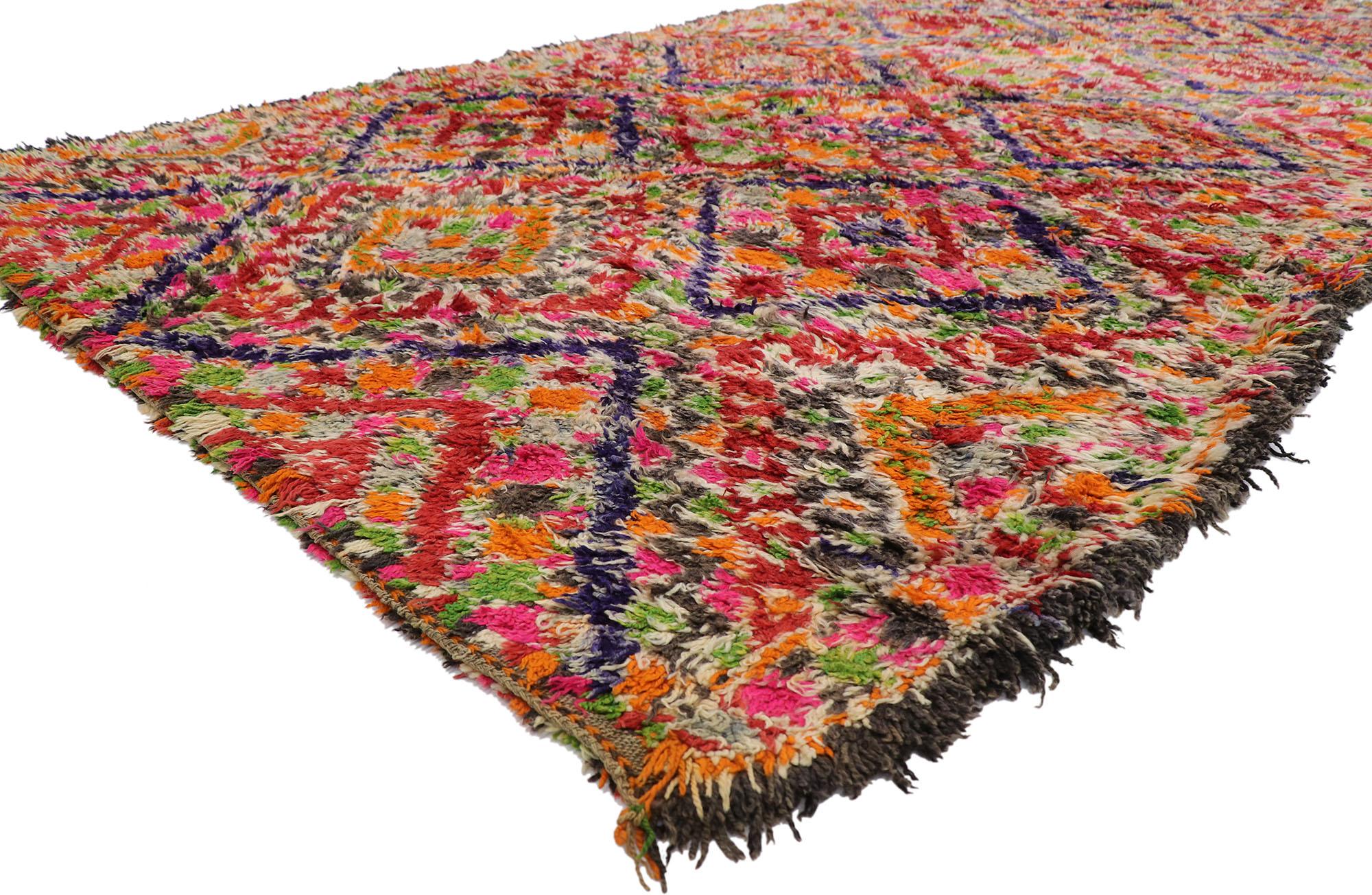 21233 vintage Berber Beni M'Guild Moroccan rug with Mid-Century Modern Tribal style 06'09 x 13'06. Showcasing a bold expressive design, incredible detail and texture, this hand knotted wool vintage Berber Beni M'Guild Moroccan rug is a captivating