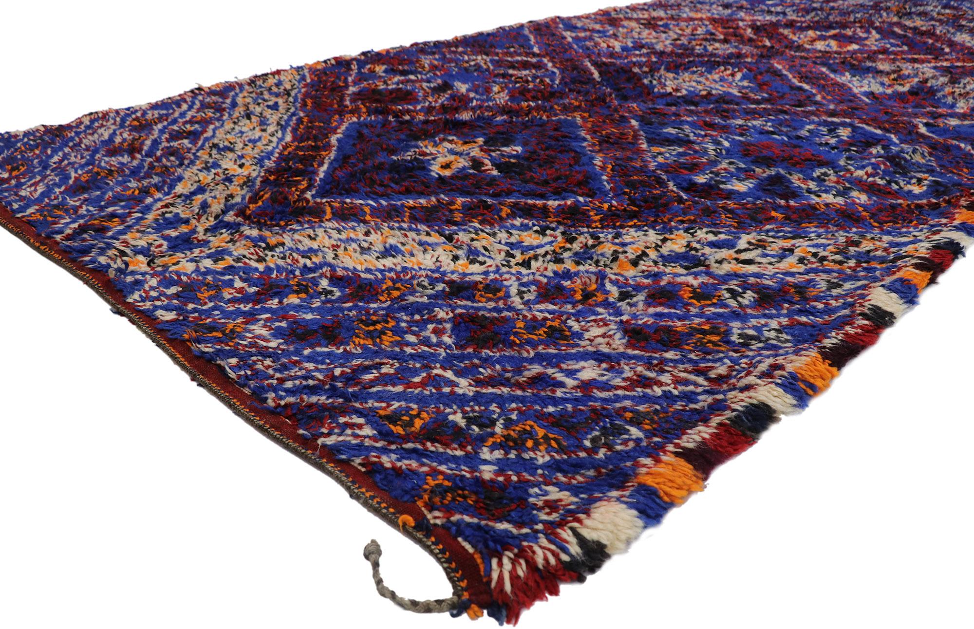 21215 Vintage Berber Beni M'Guild Moroccan rug with Tribal Style 06'03 x 12'10. Showcasing a bold expressive design, incredible detail and texture, this hand knotted wool vintage Berber Beni M'Guild Moroccan rug is a captivating vision of woven
