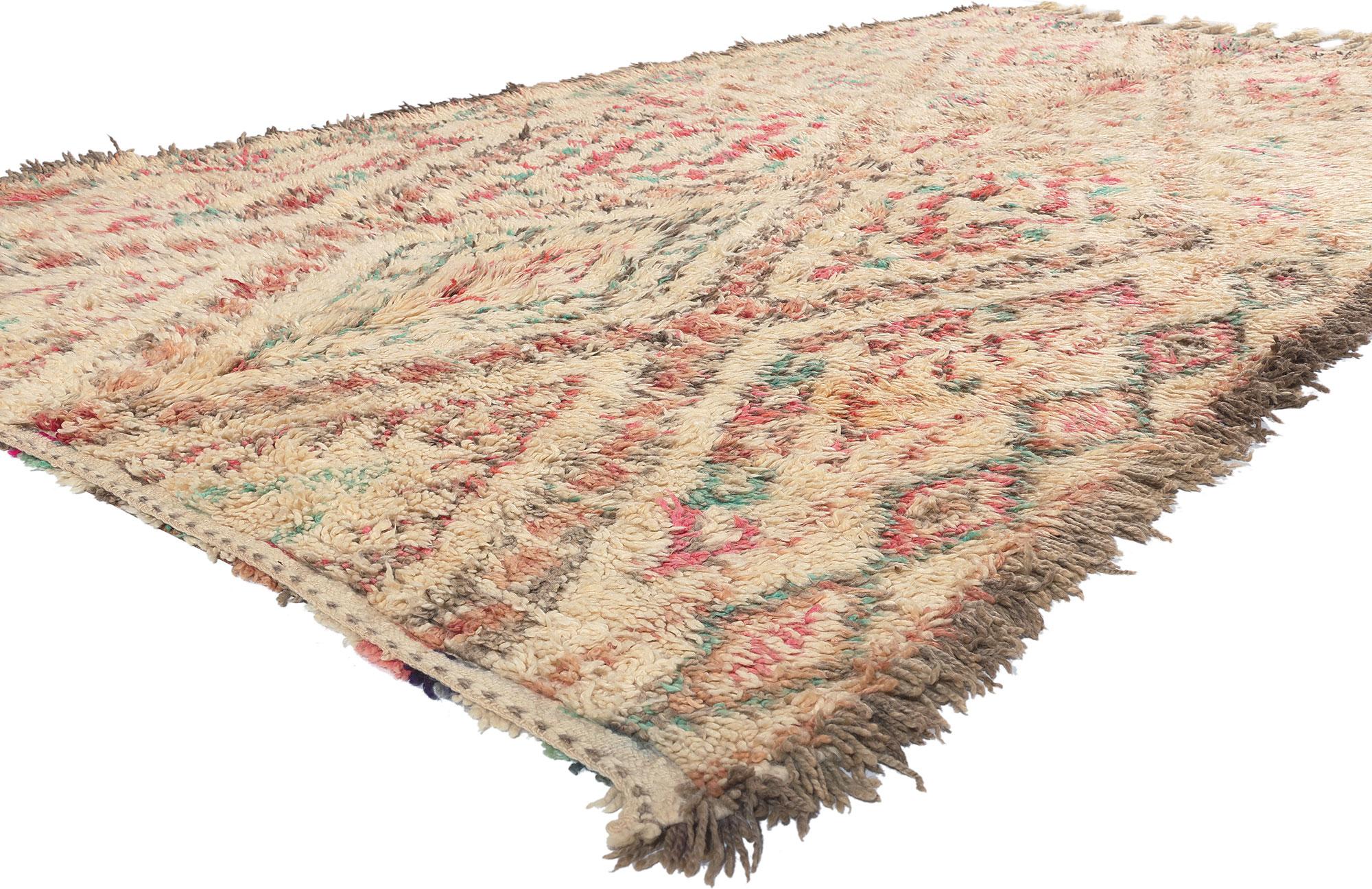 21347 Vintage Beni M'Guild Moroccan Rug, 05'09 x 10'11. Woven with the expertise of Berber women from the Ait M'Guild tribe in the mystical Atlas Mountains of Morocco, Beni Mguild rugs are revered for their masterful craftsmanship and intricate