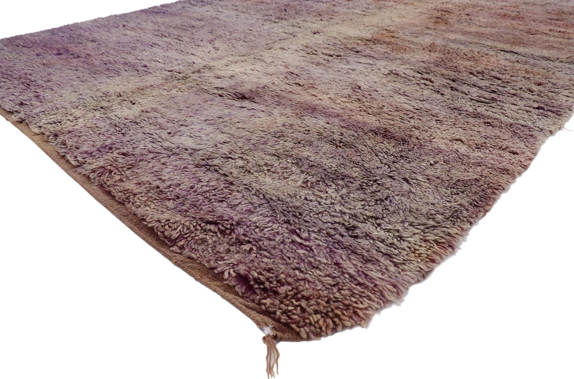 21474 Vintage Berber Beni Mrirt Moroccan rug with Bohemian Style 07'02 x 10'05. With its simplicity, plush pile and Bohemian vibes, this hand knotted wool vintage Berber Beni Mrirt Moroccan rug is a captivating vision of woven beauty. Imbued with