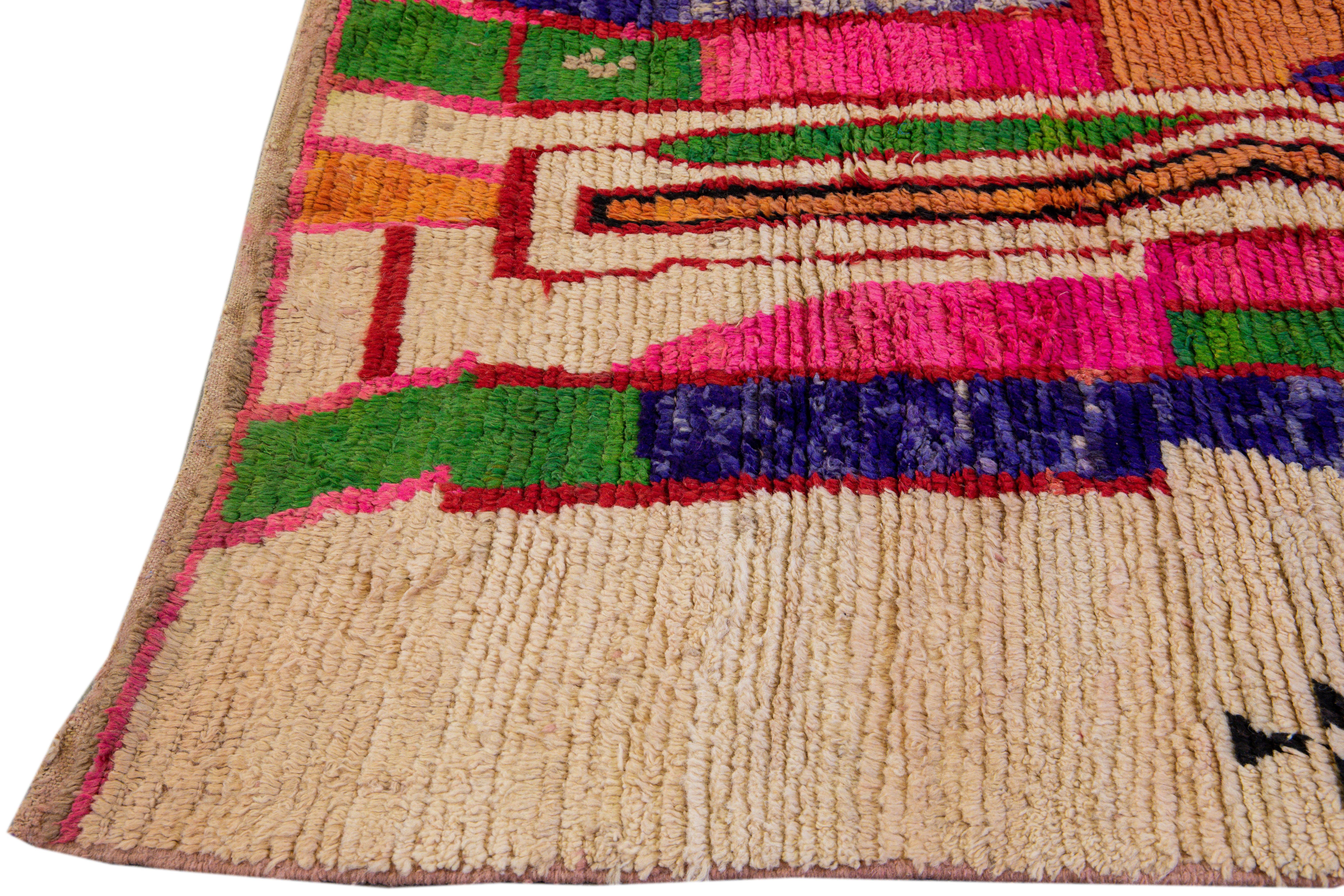 Hand-Knotted Vintage Berber Beni Ourain Moroccan Multicolor Abstract Design Wool Rug For Sale