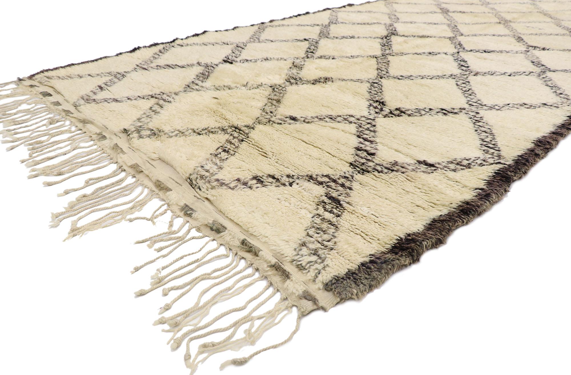 21414 Vintage Berber Beni Ourain Moroccan rug with Mid-Century Modern Style 06'00 x 12'04. With its simplicity, plush pile and Mid-Century Modern style, this hand knotted wool vintage Berber Beni Ourain Moroccan rug is a captivating vision of woven