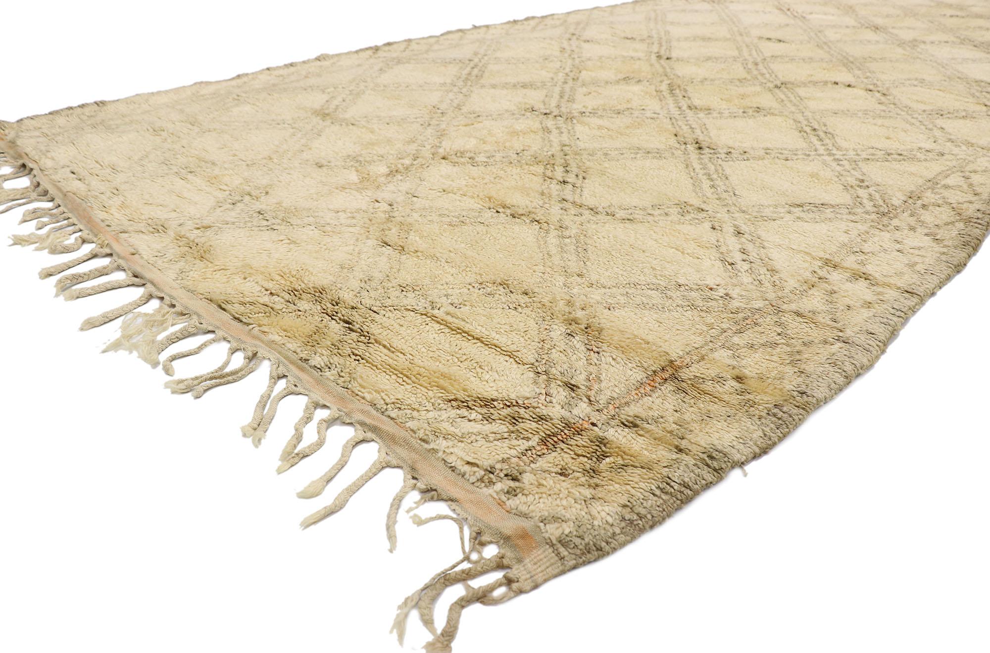 21415 Vintage Moroccan Beni Ourain Rug, 06'03 x 13'08. 
Minimalist Shibui meets Hygge in this hand knotted wool vintage Moroccan Beni Ourain rug. The detail lozenge lattice and earthy neutral colors woven into this piece work together to provide a