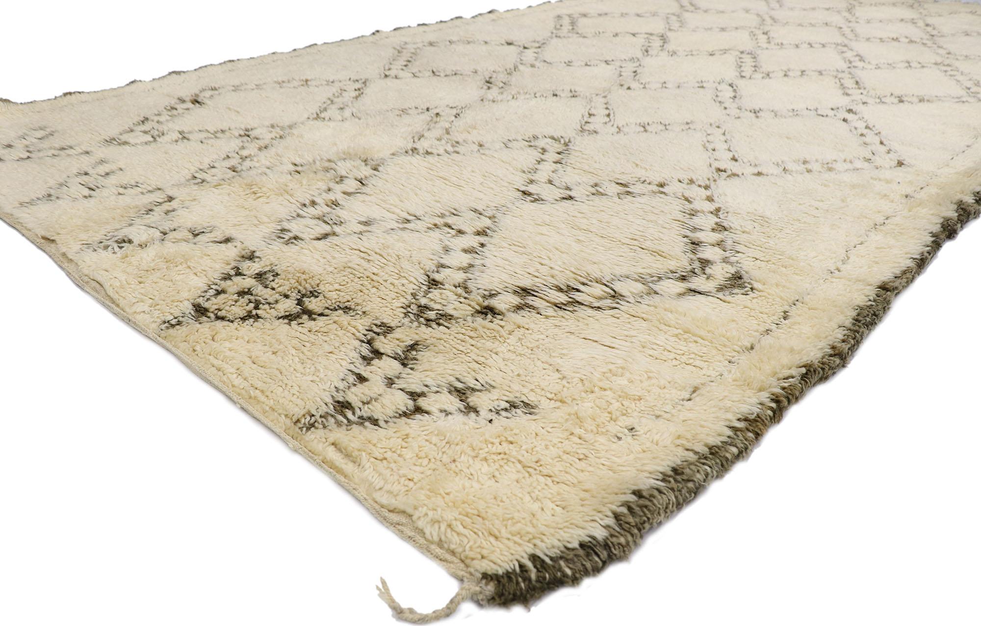 21372 Vintage Berber Beni Ourain Moroccan rug with Mid-Century Modern Style 06'05 x 13'07. With its simplicity, plush pile and Mid-Century Modern style, this hand knotted wool vintage Berber Beni Ourain Moroccan rug is a captivating vision of woven