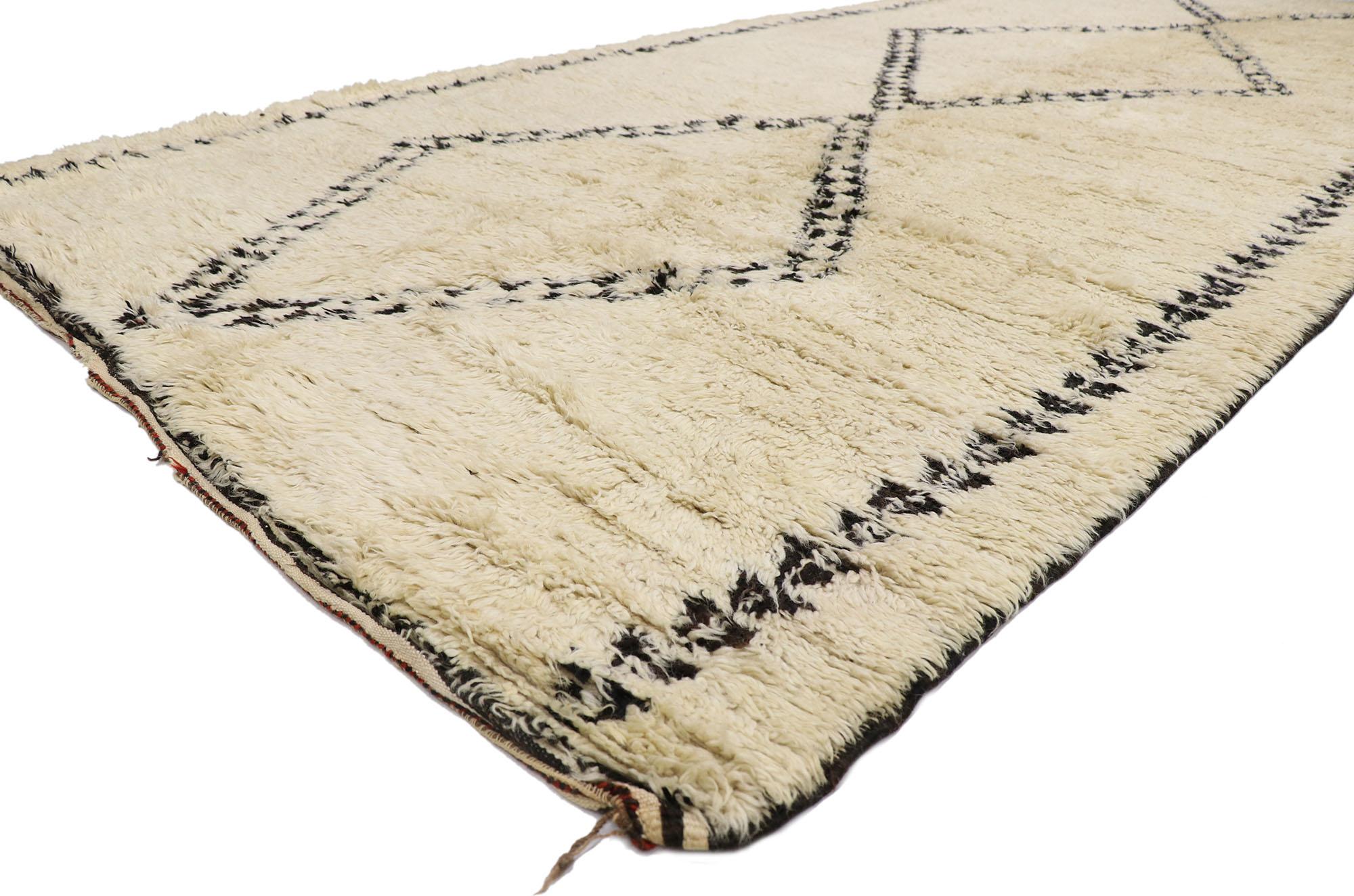 21387 vintage Berber Beni Ourain Moroccan rug with Mid-Century Modern style 06'08 x 14'00. Rendered in variegated shades of beige, black, coffee, and brown with other neutral accent colors. Perfect for a living room, bedroom, dining room, children's