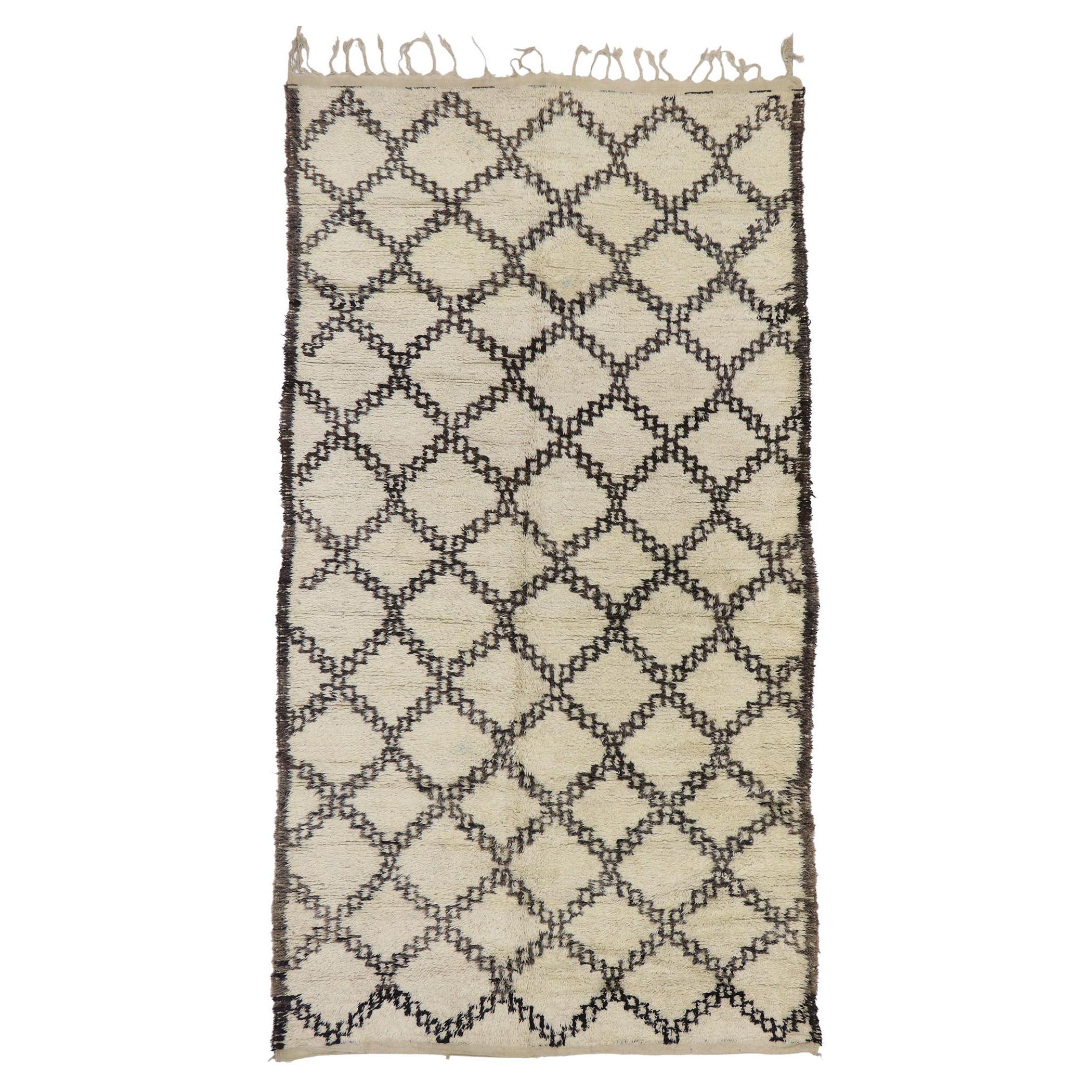 Vintage Berber Beni Ourain Moroccan Rug with Mid-Century Modern Style For Sale