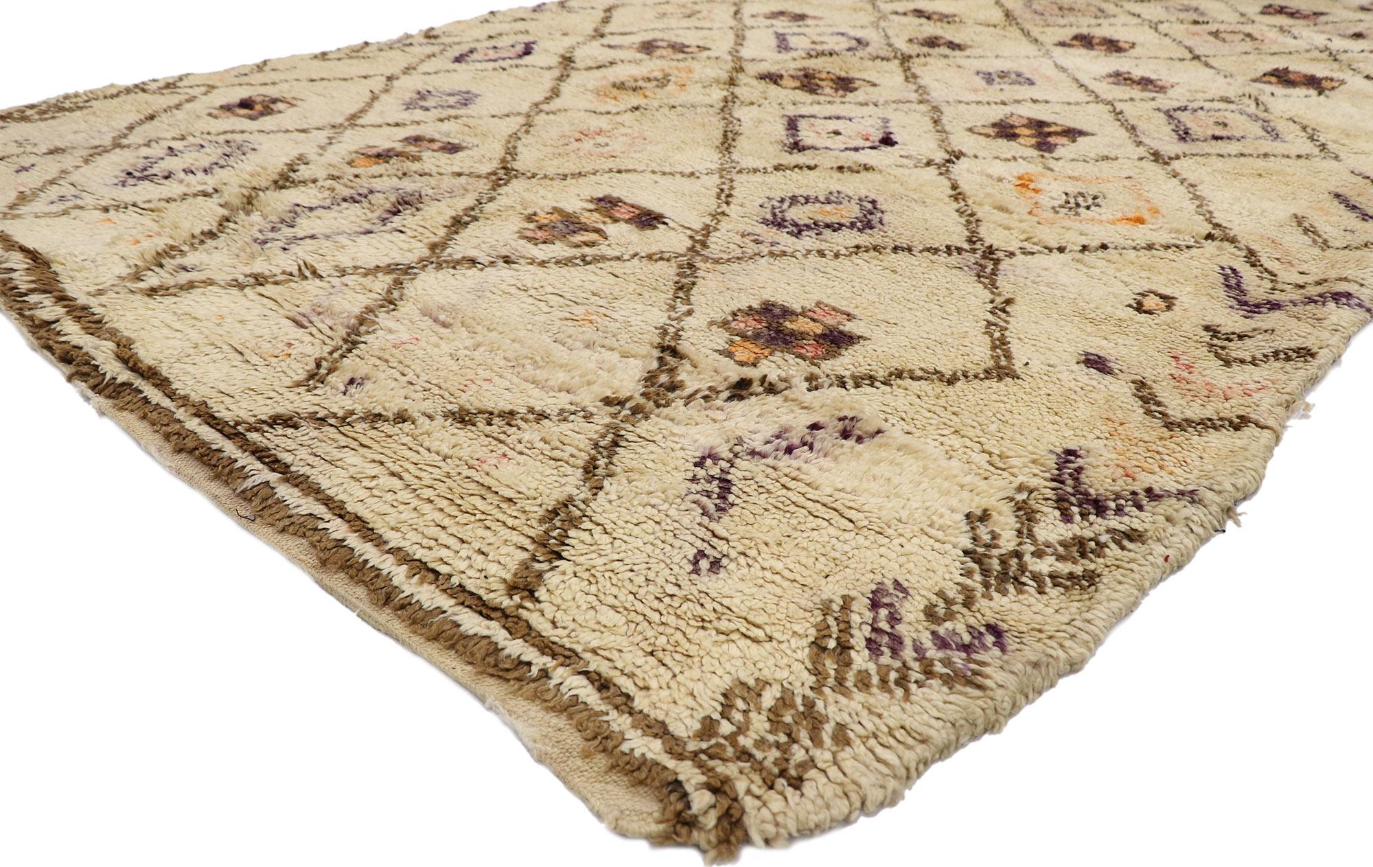 21361 Vintage Berber Beni Ourain Moroccan rug with Tribal Style 06'11 x 11'09. With its simplicity, plush pile and tribal style, this hand knotted wool vintage Berber Beni Ourain Moroccan rug is a captivating vision of woven beauty. It features a