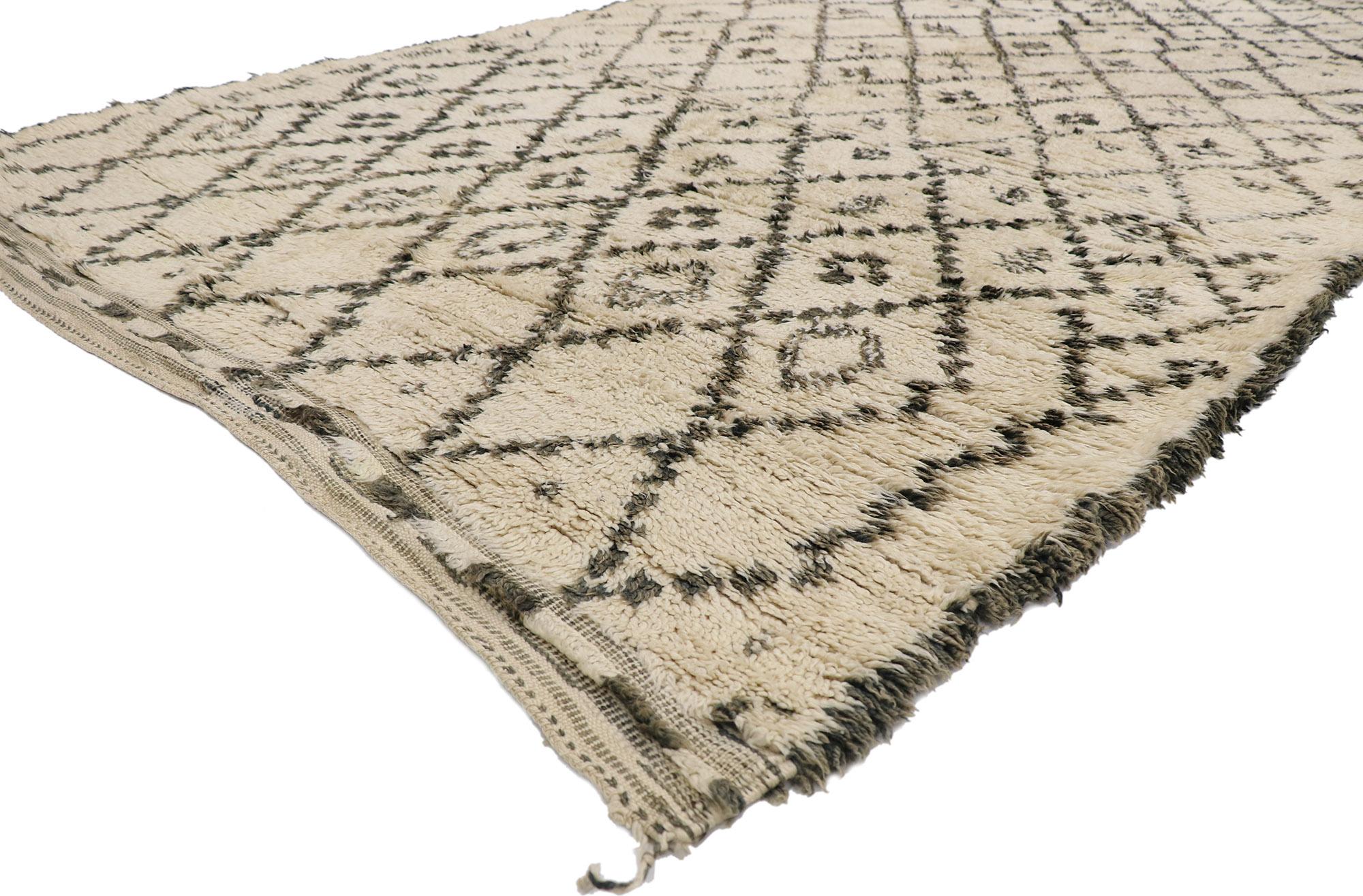 21393 vintage Berber Beni Ourain Moroccan rug with Tribal style 06'06 x 11'07. With its simplicity, plush pile and tribal style, this hand knotted wool vintage Berber Beni Ourain Moroccan rug is a captivating vision of woven beauty. It features a