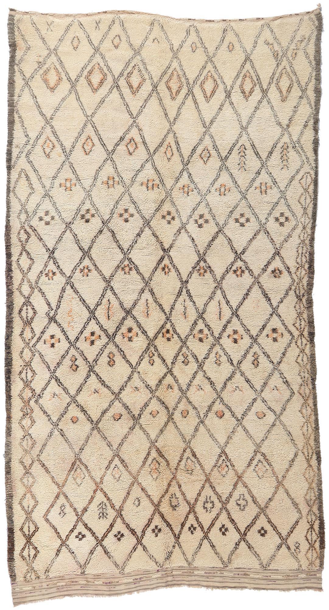 Vintage Moroccan Beni Ourain Rug, Midcentury Modern Style Meets Shibui For Sale
