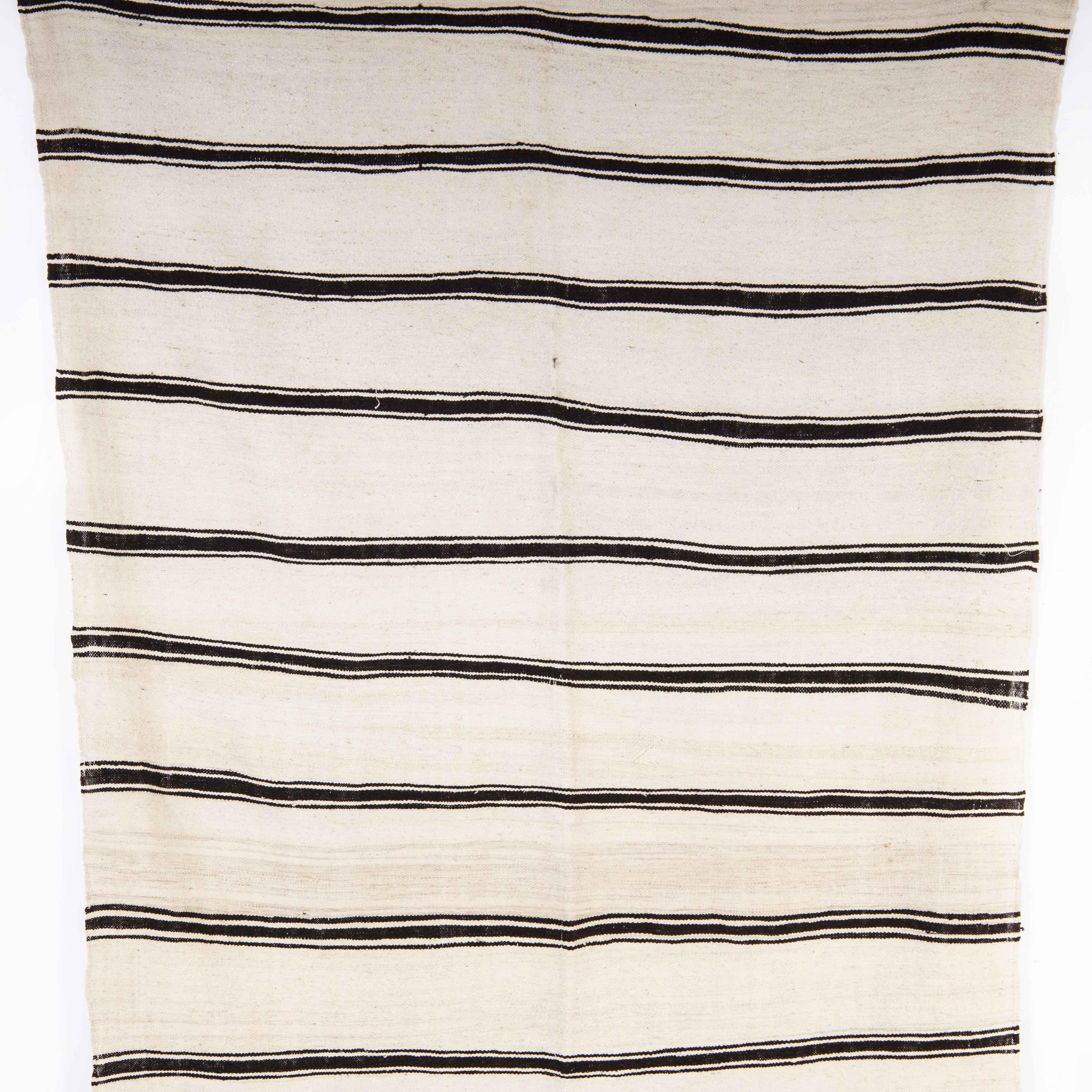 Vintage Berber Black Monochrome Stripe Hanbel Rug For Sale 1