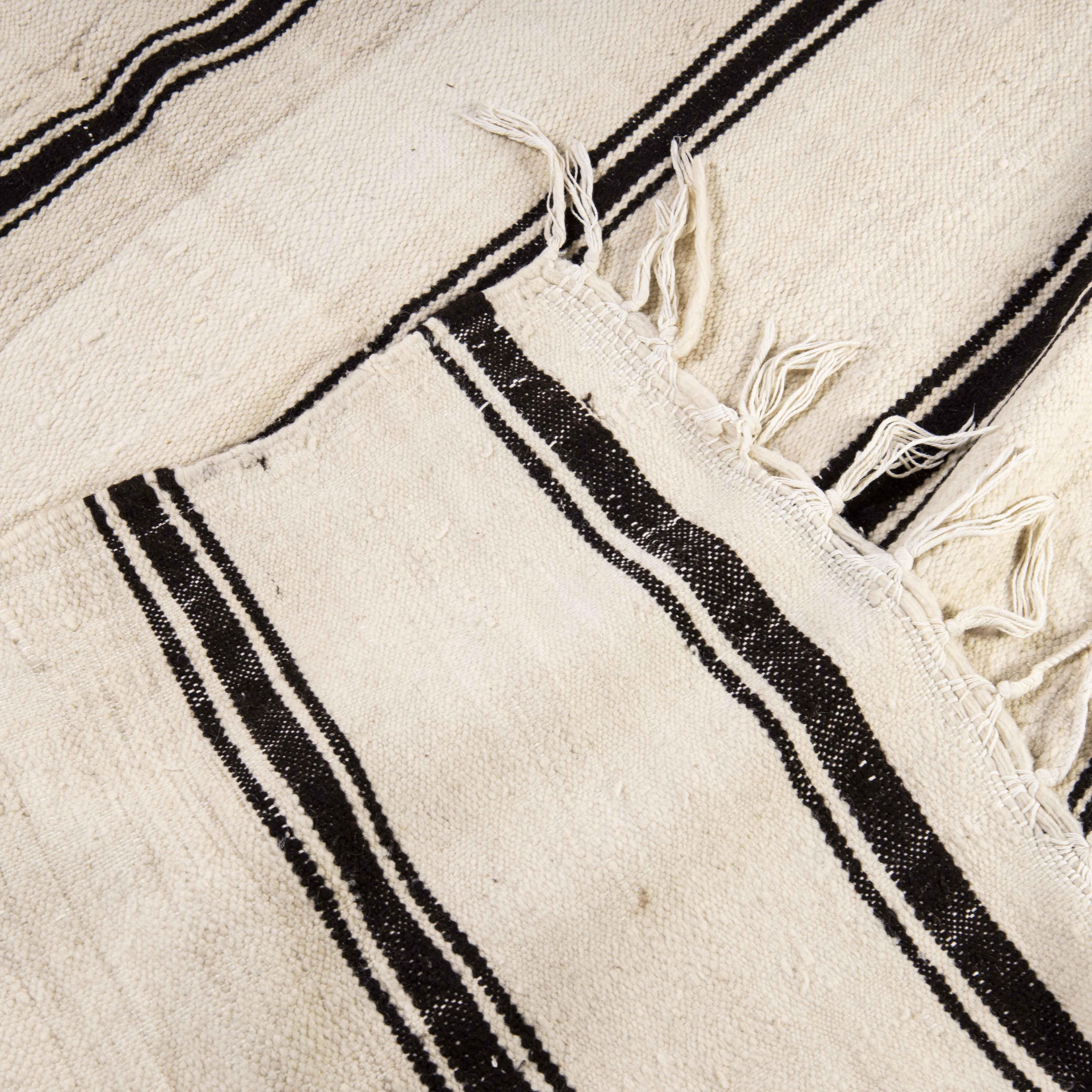 Vintage Berber Black Monochrome Stripe Hanbel Rug For Sale 3