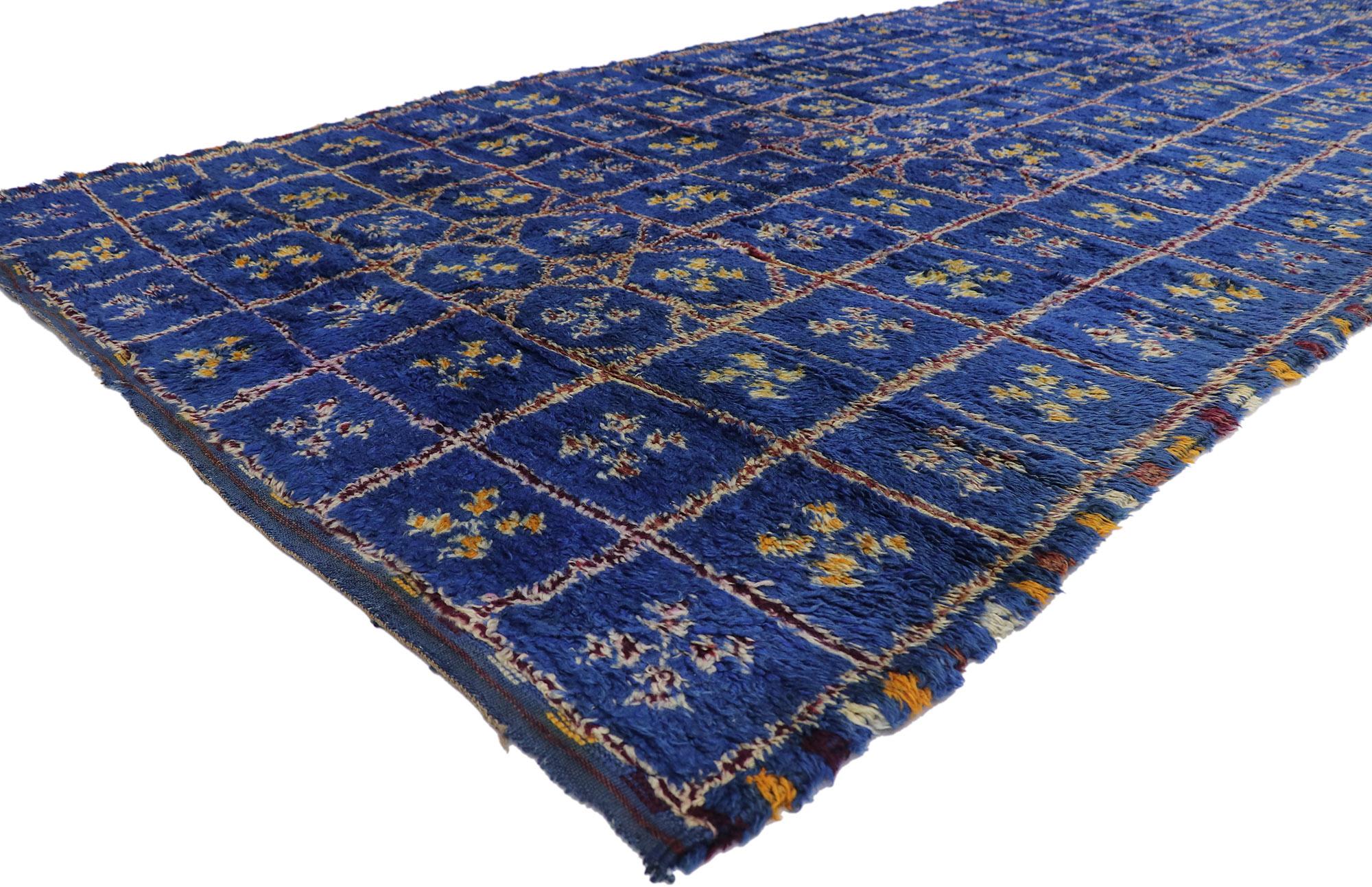 21217 vintage Berber Blue Beni M'Guild Moroccan rug with Tribal style 06'02 x 13'09. Showcasing a bold expressive design, incredible detail and texture, this hand knotted wool vintage Berber blue Beni M'Guild Moroccan rug is a captivating vision of