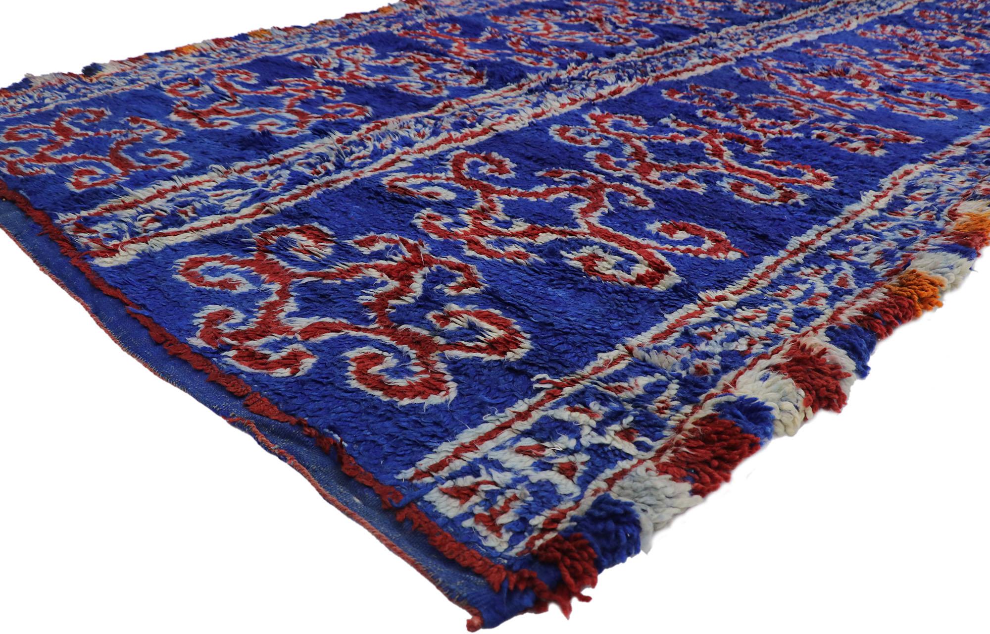 21205 vintage Berber blue Beni M'Guild Moroccan rug with Tribal style 06'06 x 11'09. Showcasing a bold expressive design, incredible detail and texture, this hand knotted wool vintage Berber Beni M'Guild Moroccan rug is a captivating vision of woven