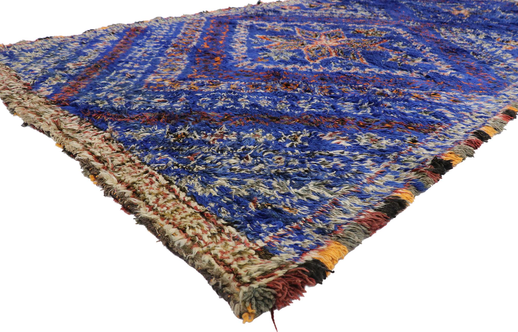21337 Vintage Berber Blue Beni M'Guild Moroccan rug with Tribal Style 06'08 x 13'04. Showcasing a bold expressive design, incredible detail and texture, this hand knotted wool vintage Berber Beni M'Guild Moroccan rug is a captivating vision of woven