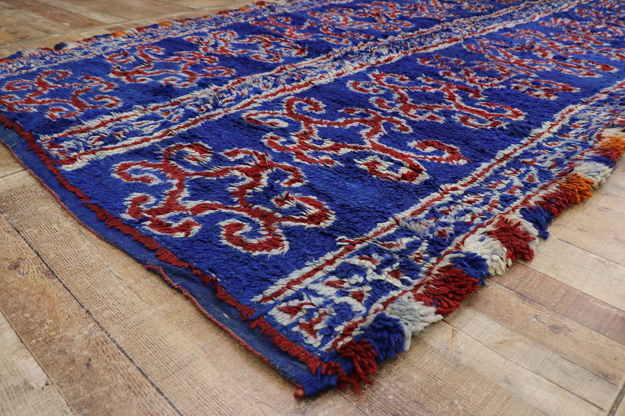 Wool Vintage Berber Blue Beni M'Guild Moroccan Rug with Tribal Style For Sale