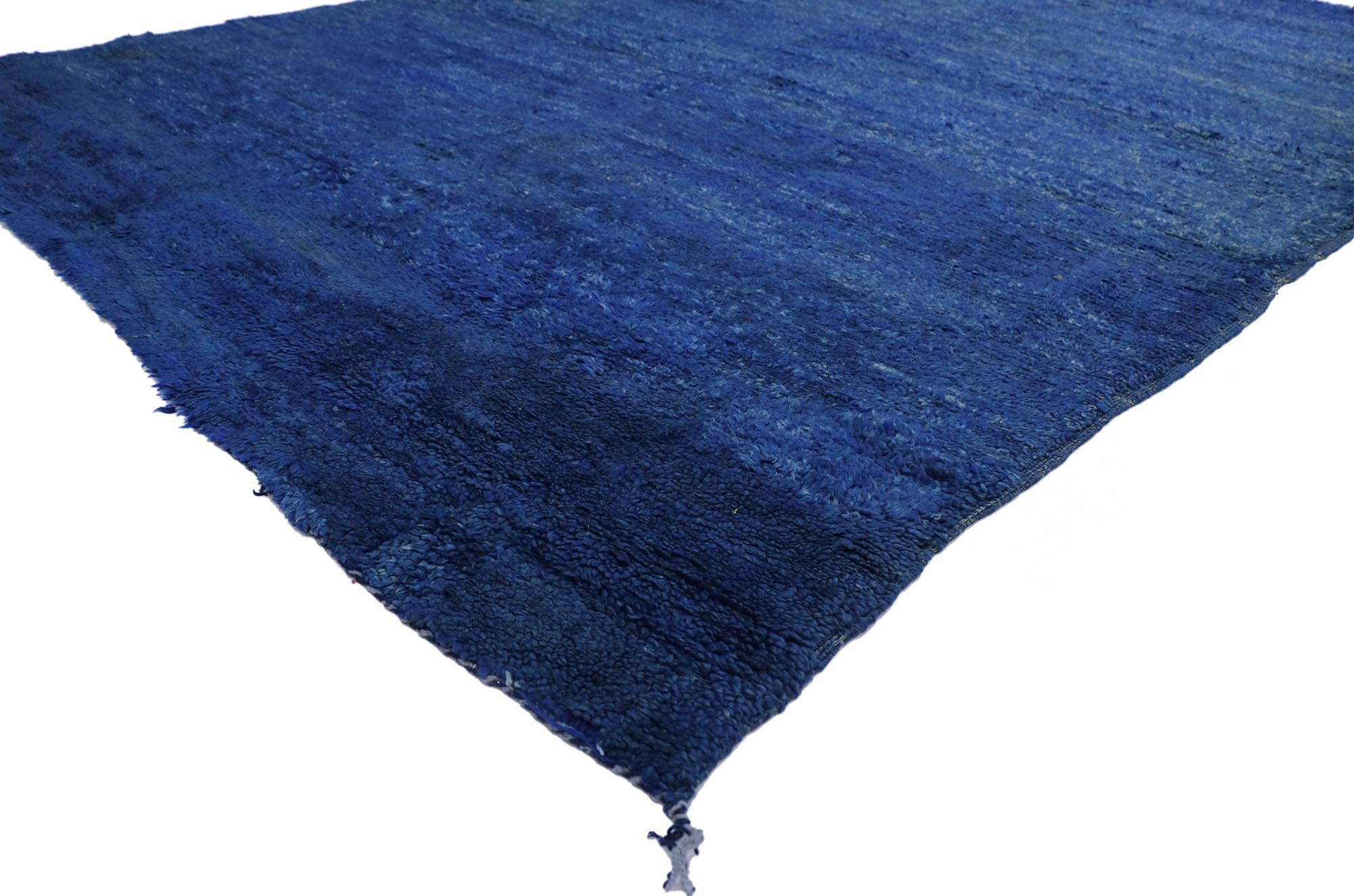 21280 vintage Berber blue Moroccan rug with Modern Boho Chic style 07'00 x 10'02. With its simplicity, plush pile and Bohemian vibes, this hand knotted wool vintage Berber Moroccan rug is a captivating vision of woven beauty. Imbued with blue hues,