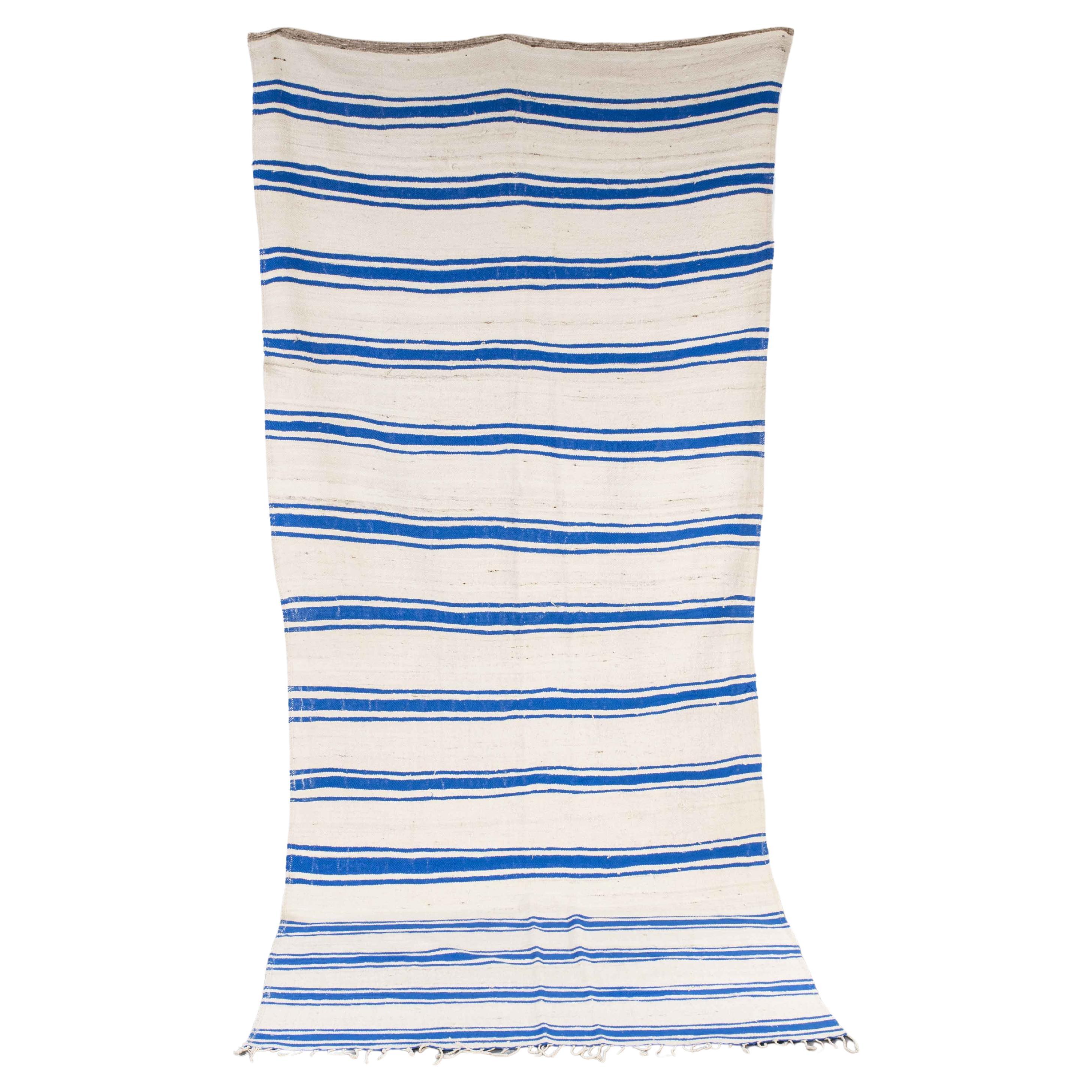 Vintage Berber Blue Stripe Hanbel Rug For Sale