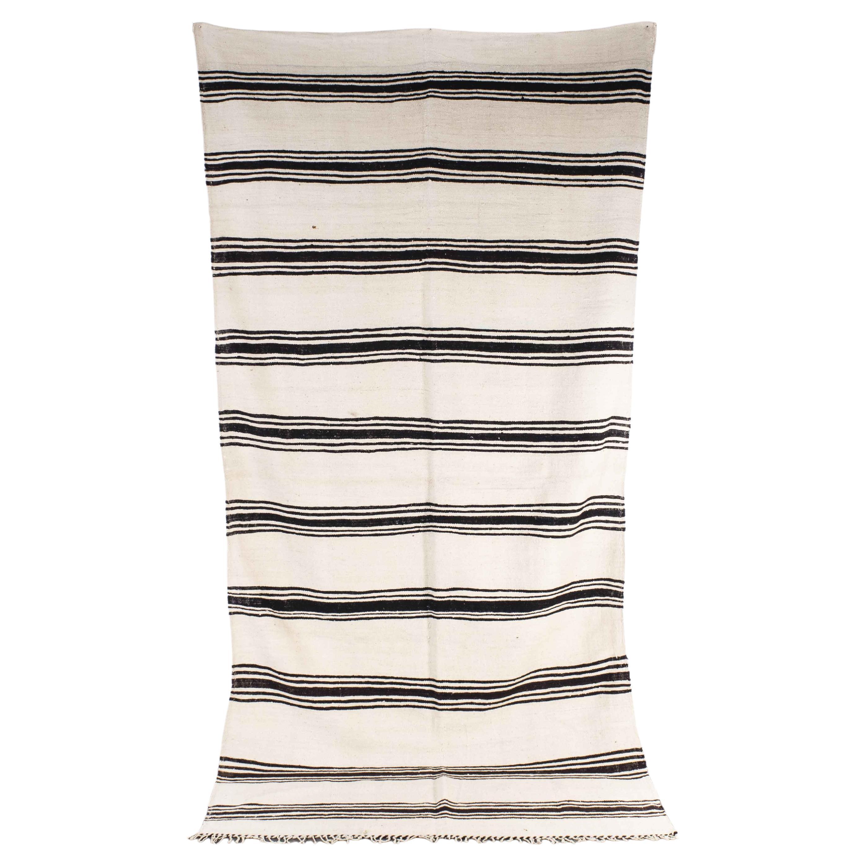 Vintage Berber Bold Monochrome Stripe Hanbel Rug For Sale