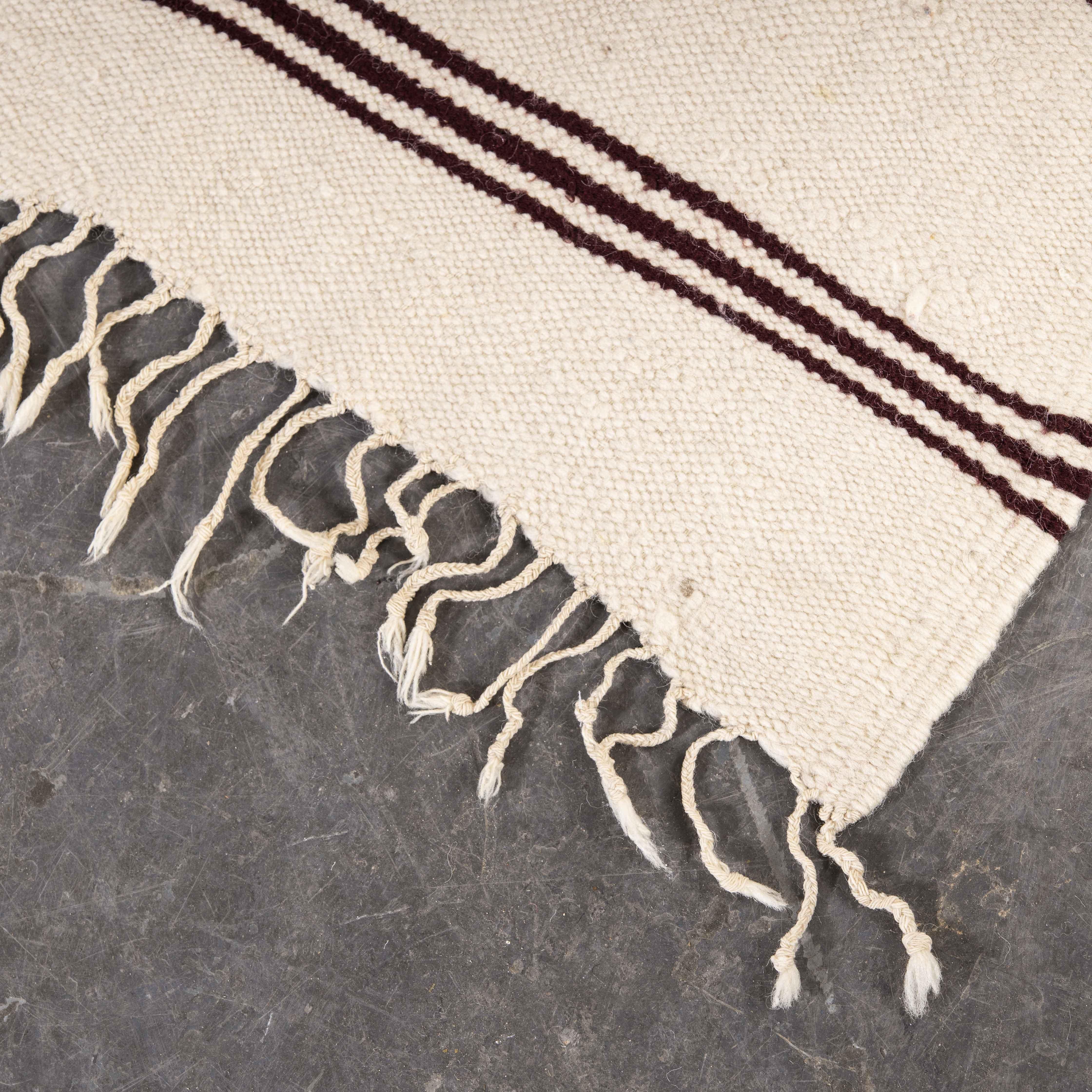 Cotton Vintage Berber Bold Monochrome Thin Stripe Hanbel Rug For Sale