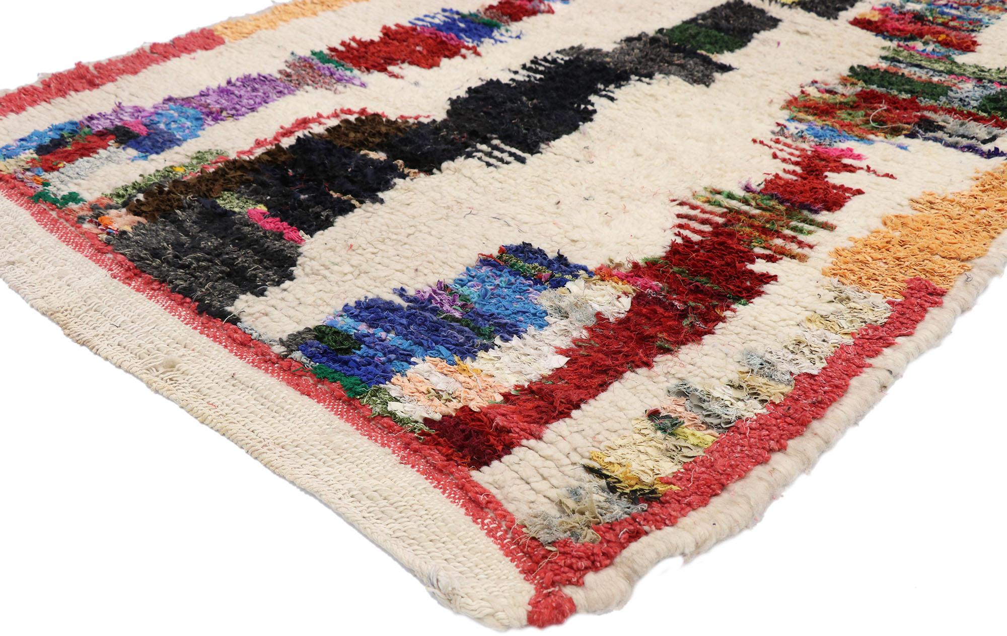 21072, vintage Berber Boucherouite Moroccan Azilal rug with Contemporary Abstract Expressionist style. Displaying well-balanced asymmetry and a bold linear art form, this vintage Moroccan Azilal rug beautifully embodies a Cubist Abstract