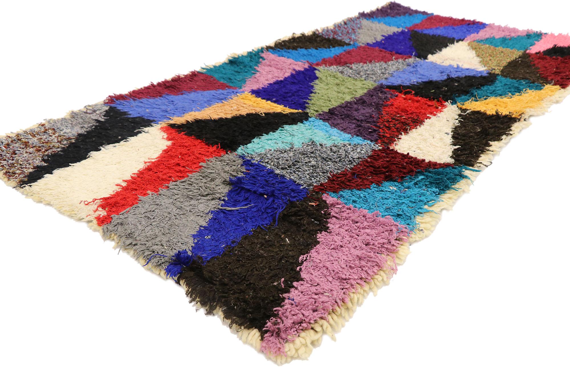 21578 Vintage Berber Moroccan Boucherouite rug with Bauhaus Style 03'00 X 06'03. Showcasing a bold expressive geometric design, incredible detail and texture, this hand knotted cotton and wool vintage Berber Boucherouite Moroccan rug is a