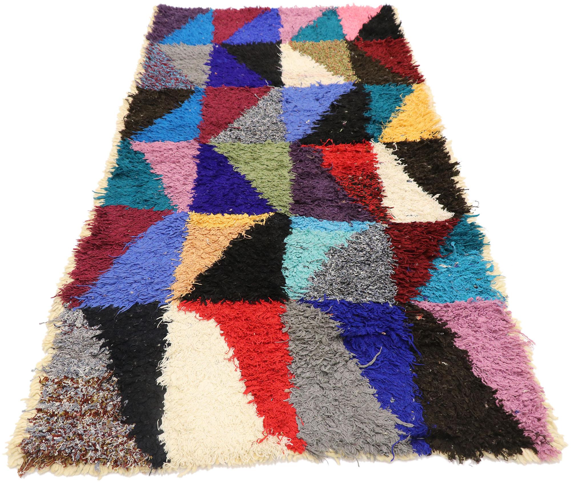 Hand-Knotted Vintage Color Block Boucherouite Moroccan Rug with Bauhaus Style For Sale