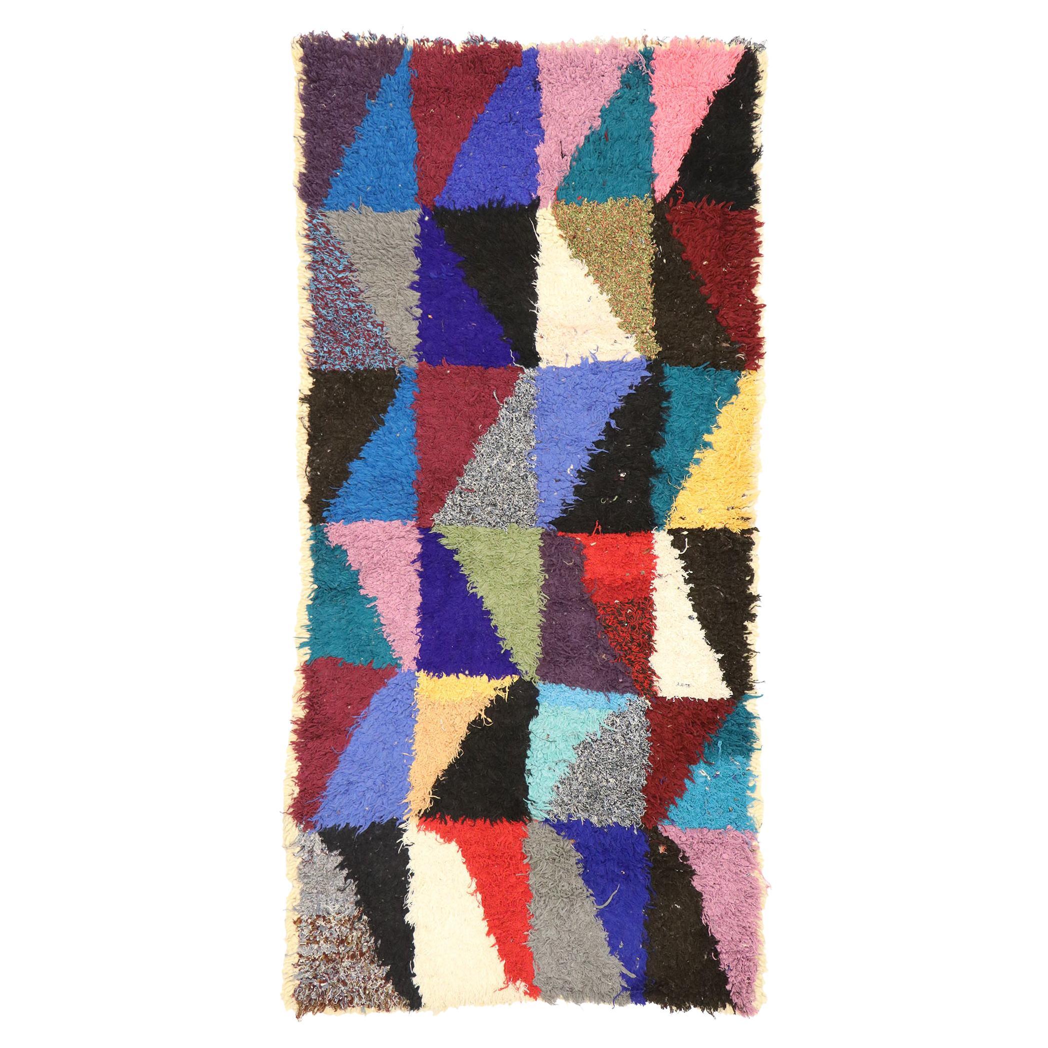 Tapis marocain vintage en boucherouite à blocs de couleurs avec style Bauhaus