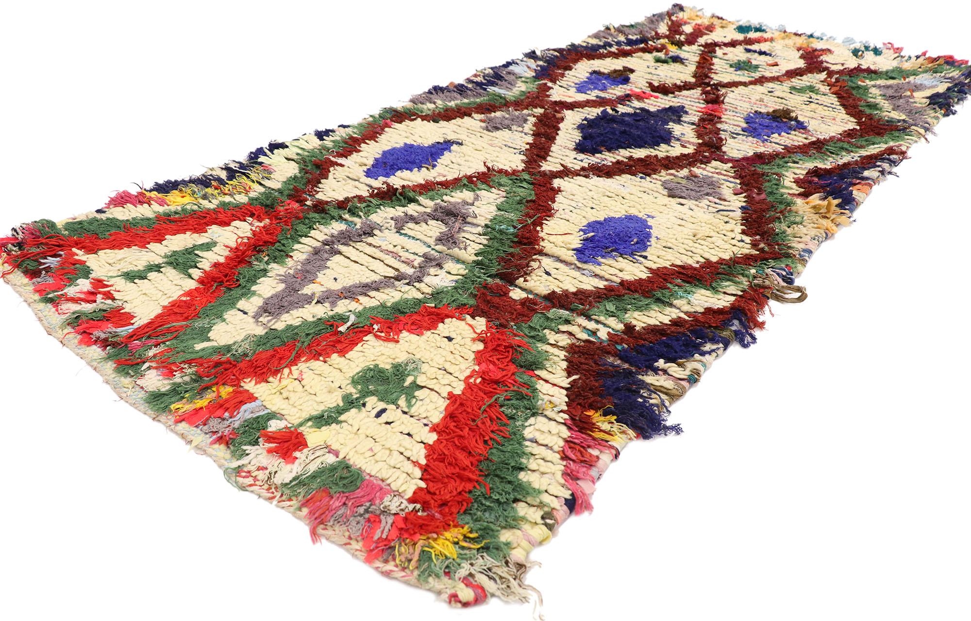 21591 Vintage Berber Boucherouite Moroccan rug with Bohemian Tribal Style 02'10 x 06'05. Showcasing a bold expressive tribal design, incredible detail and texture, this hand knotted cotton and wool vintage Berber Boucherouite Moroccan rug is a