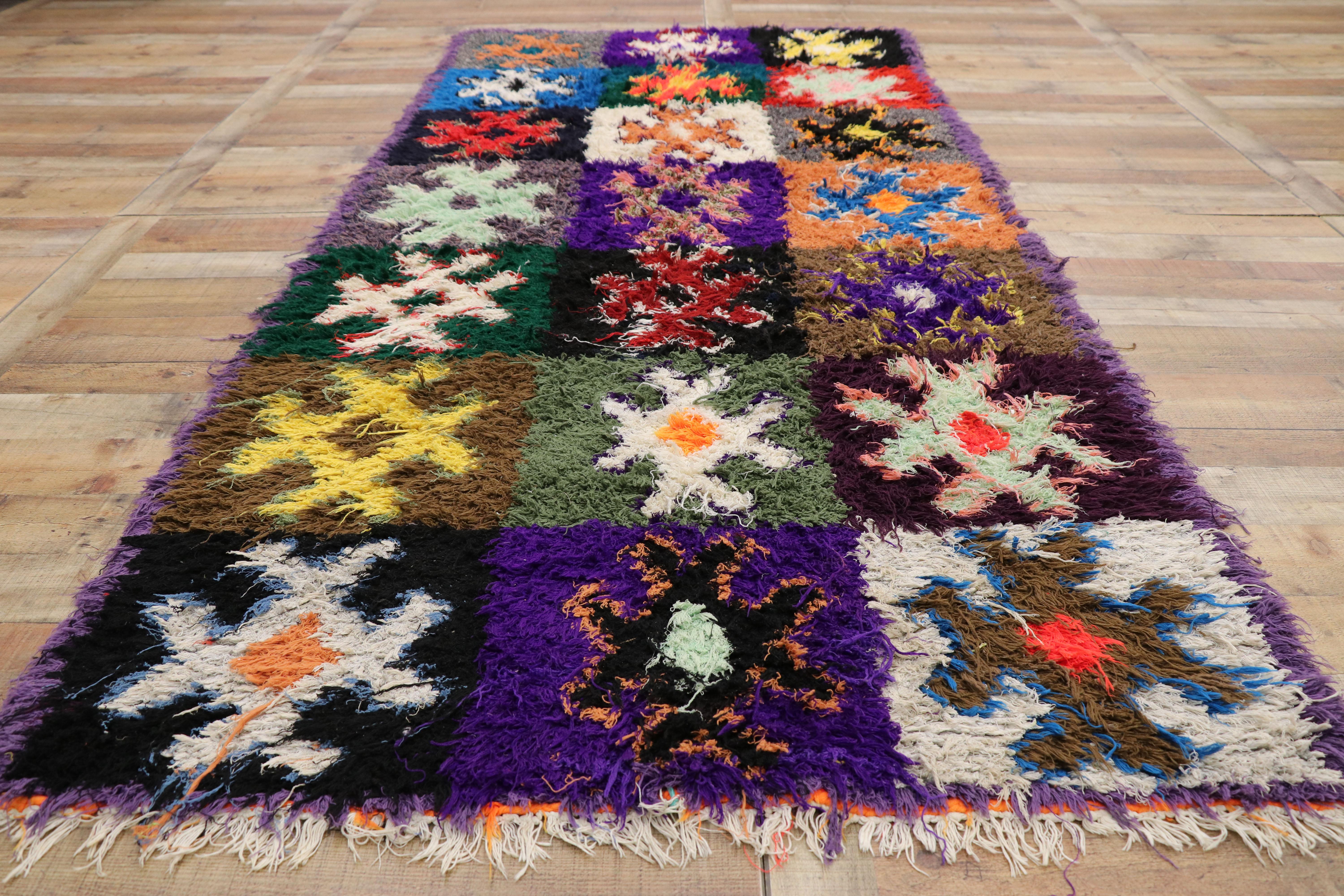 Wool Vintage Berber Boucherouite Moroccan Shag Rug, Hallway Runner with Tribal Style For Sale