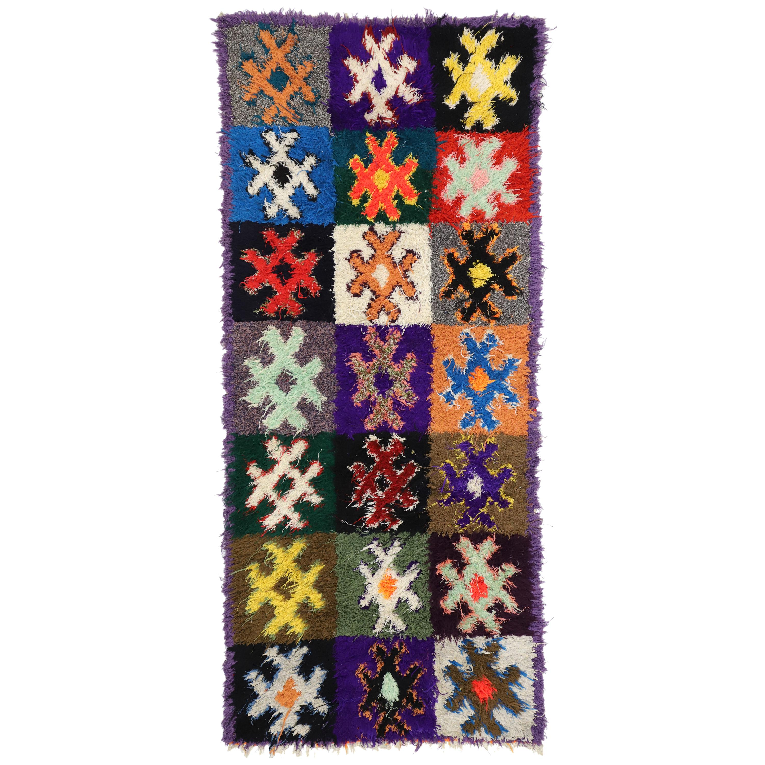 Vintage Berber Boucherouite Moroccan Shag Rug, Hallway Runner with Tribal Style For Sale