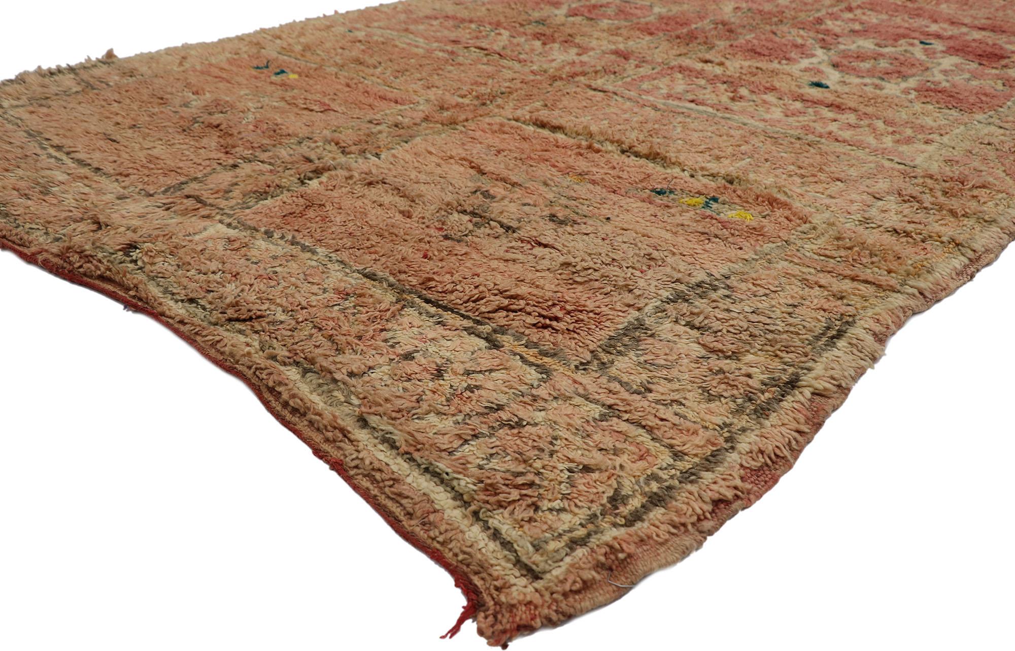 21511 Vintage Berber Boujad Moroccan rug 06'04 x 09'06. Warm and inviting with rustic sensibility, this hand-knotted wool vintage Berber Boujad Moroccan rug is a captivating vision of woven beauty. The abrash reddish-rust color field features an