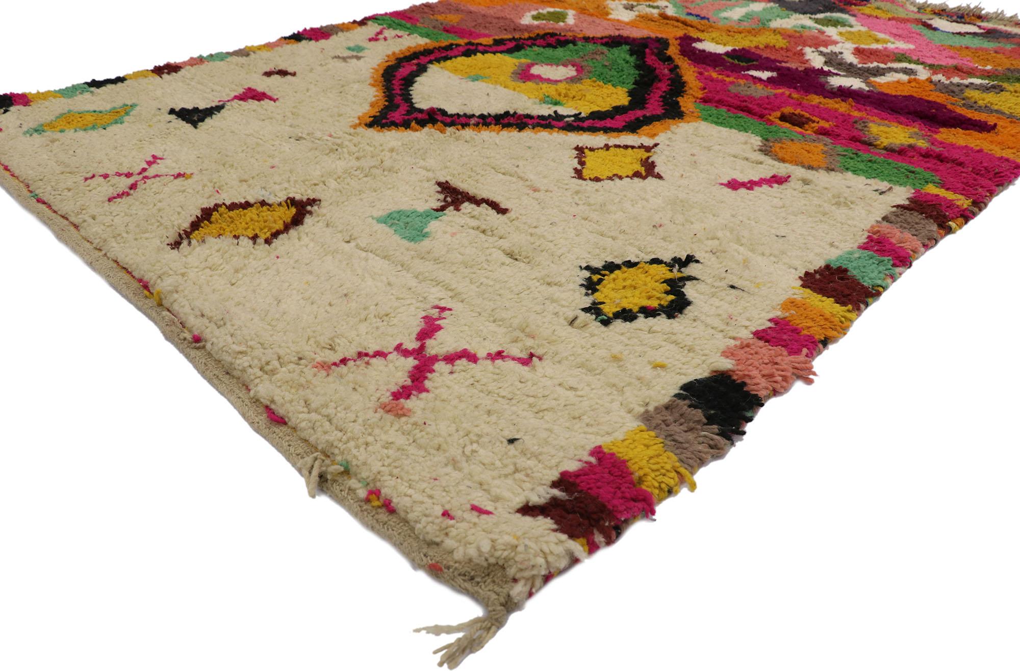 21653 Vintage Berber Boujad Moroccan rug with Abstract Expressionism 05'03 x 07'09. Showcasing a bold expressive design in lively colors, incredible detail and texture, this hand knotted wool vintage Berber Boujad Moroccan rug is a captivating