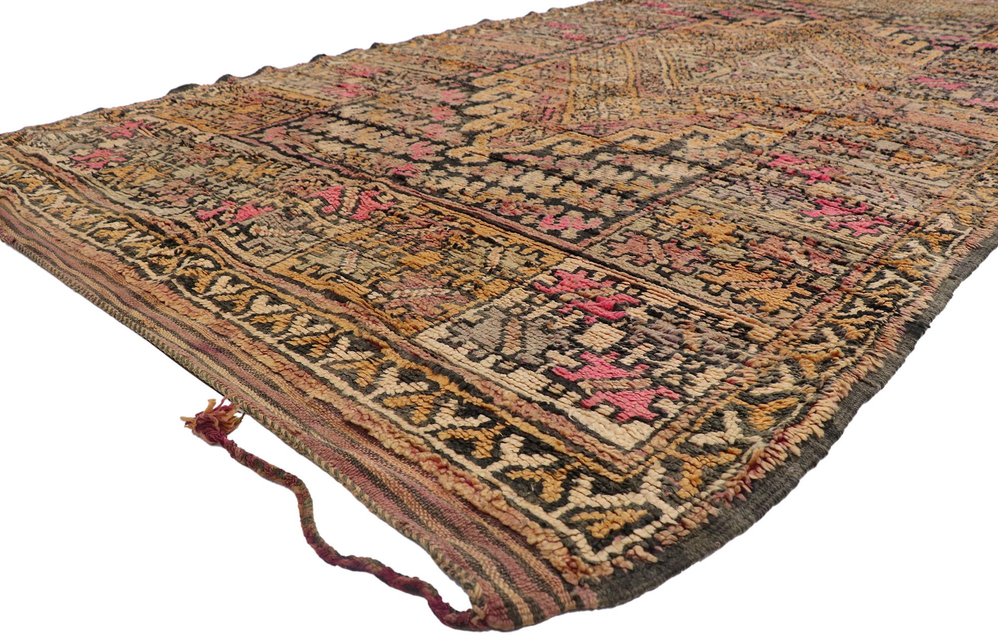 21490 vintage Berber Boujad Moroccan rug with Boho Tribal Style 06'11 x 13'02. Warm and inviting with tribal boho style, this hand-knotted wool vintage Berber Boujad Moroccan rug is a captivating vision of woven beauty. The abrashed charcoal colored