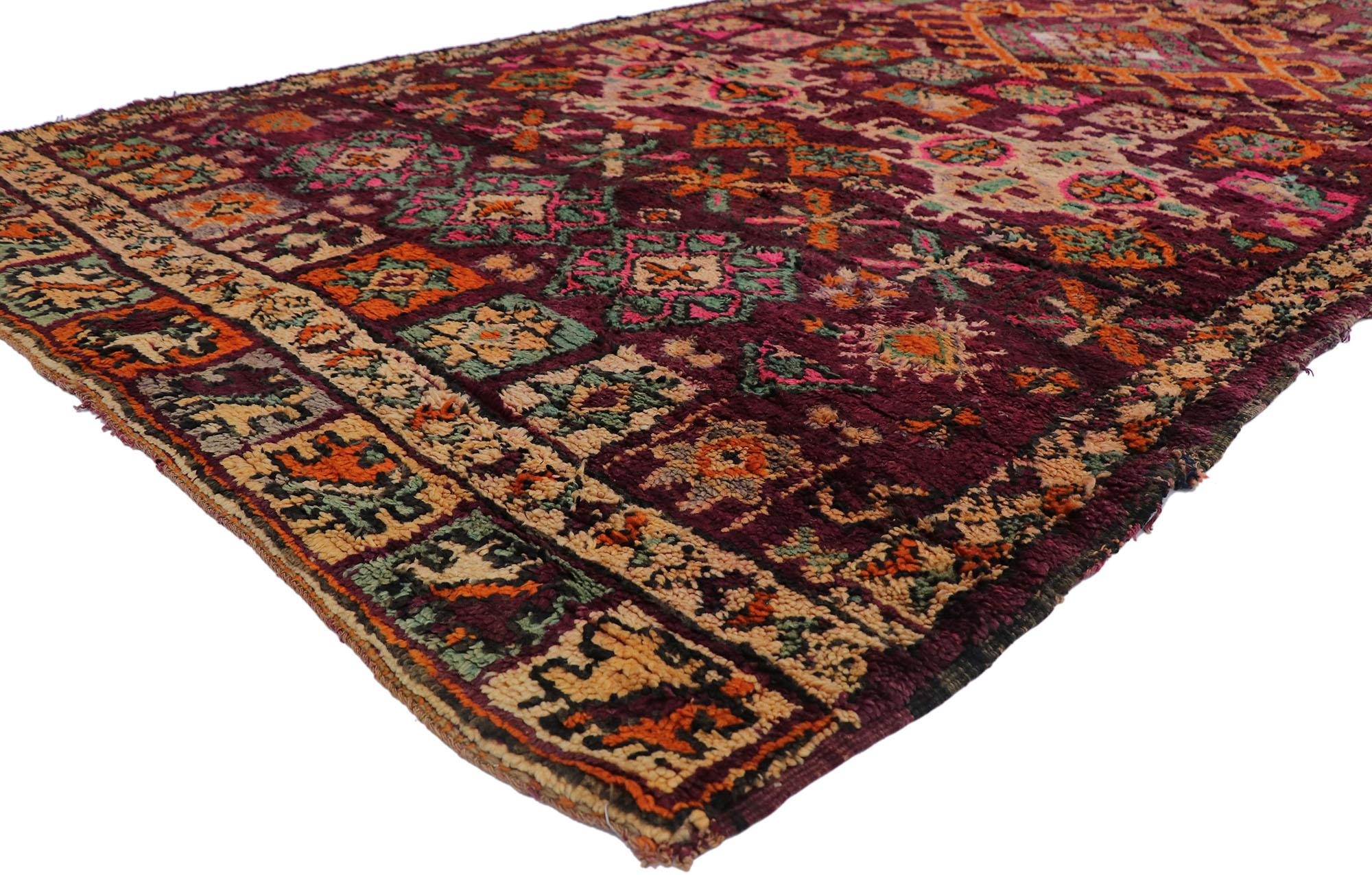 21523 Vintage Berber Boujad Moroccan rug with Bohemian Tribal Style 06'02 x 11'06. Showcasing a bold expressive design, incredible detail and texture, this hand knotted wool vintage Berber Boujad Moroccan rug is a captivating vision of woven beauty.