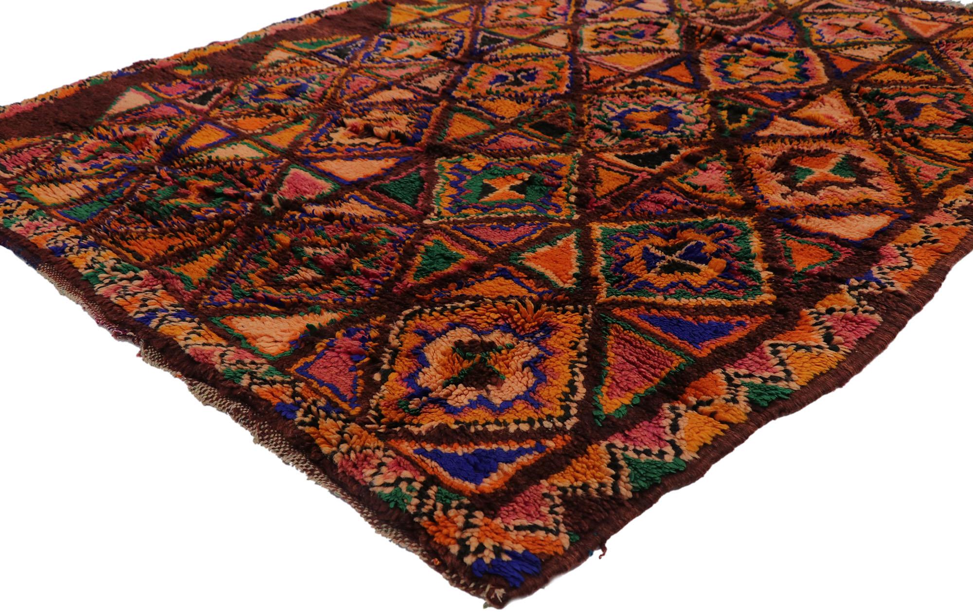 21665 Vintage Berber Boujad Moroccan rug with Boho Chic Tribal Style 04'04 x 05'03. Showcasing a bold expressive design, incredible detail and texture, this hand knotted wool vintage Berber Boujad Moroccan rug is a captivating vision of woven