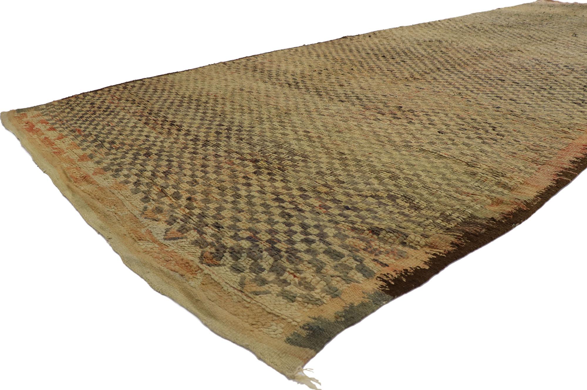 21444 Vintage Berber Boujad Moroccan Rug with Modern Rustic Style 06'02 x 15'08. With its rugged beauty, simplicity and bold expressive design, this hand-knotted wool vintage Berber Boujad Moroccan rug is a captivating vision of woven beauty. The