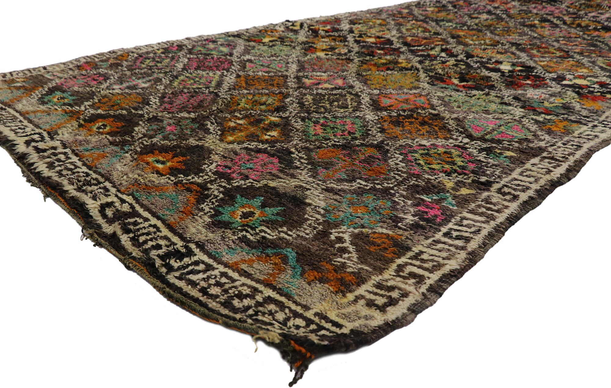 21282 Vintage Berber Boujad Moroccan rug with Tribal Boho Chic style. Measures: 06'01 x 12'11. Showcasing a bold expressive design, incredible detail and texture, this hand knotted wool vintage Berber Boujad Moroccan rug is a captivating vision of