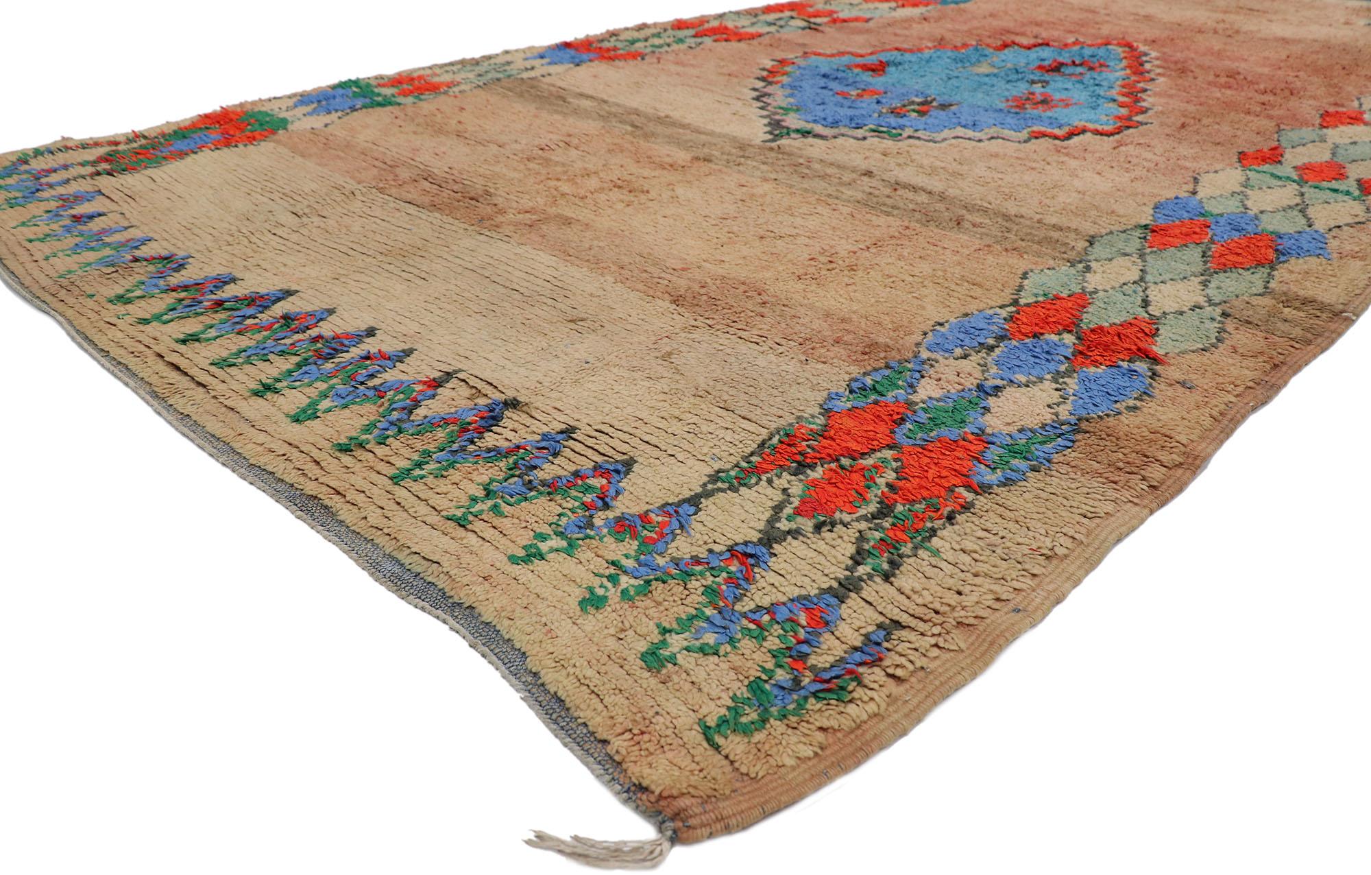 21441 Vintage Berber Boujad Moroccan rug with Tribal Style 06'03 x 12'03. Showcasing an expressive tribal design, incredible detail and texture, this hand knotted wool vintage Berber Boujad Moroccan rug is a captivating vision of woven beauty. The