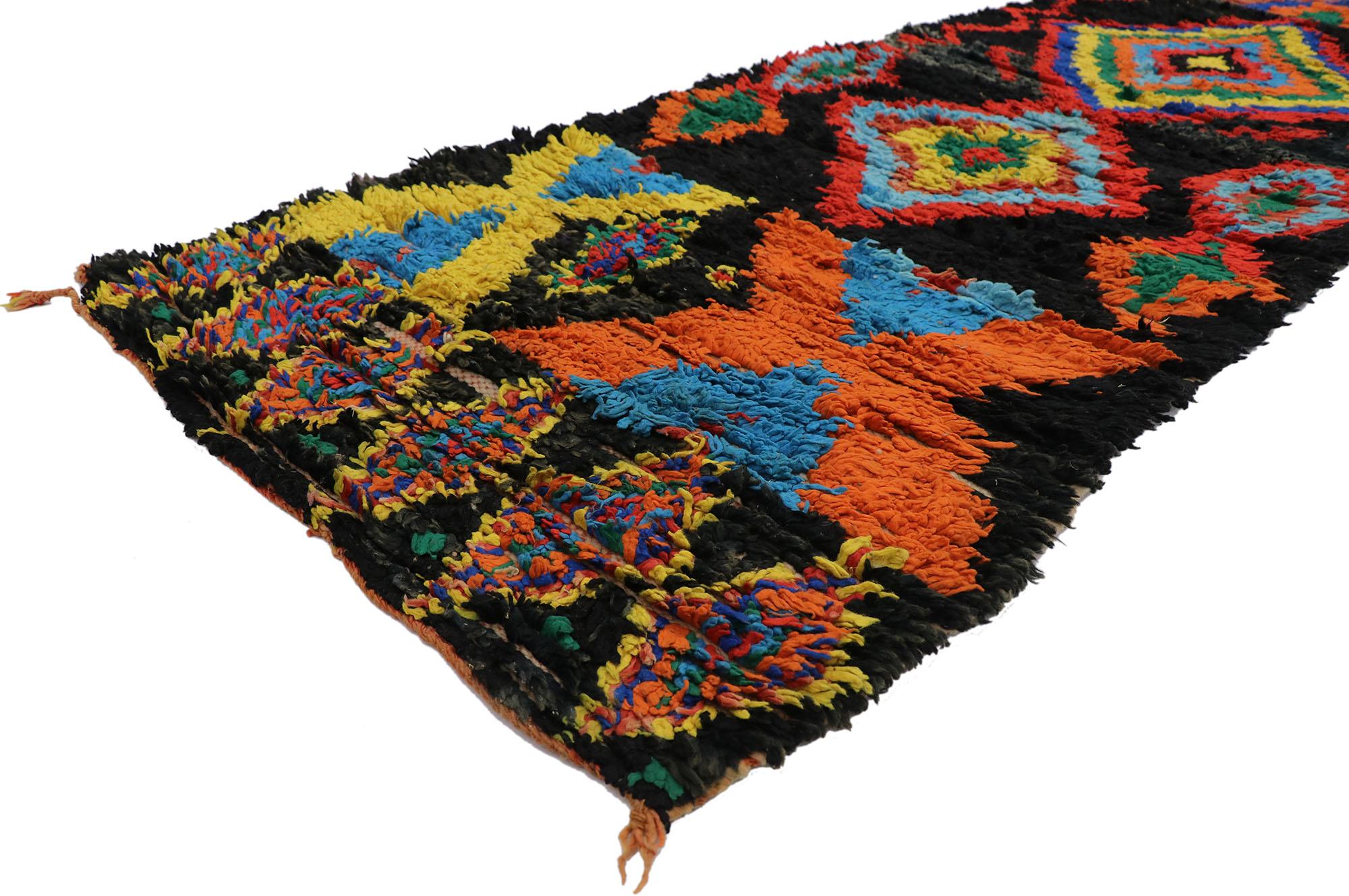 21469 Vintage Berber Boujad Moroccan runner with Tribal Style 03'00 x 10'01. Showcasing a bold expressive tribal design, incredible detail and texture, this hand knotted wool vintage Berber Boujad Moroccan rug is a captivating vision of woven