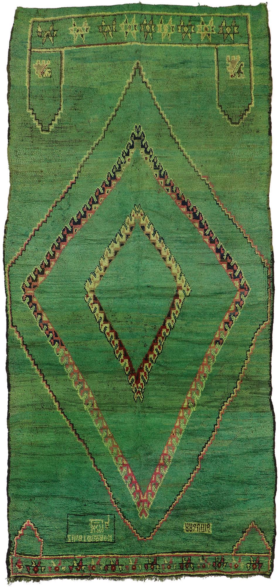 Wool Vintage Berber Green Moroccan Rug with Bohemian Tribal Style For Sale