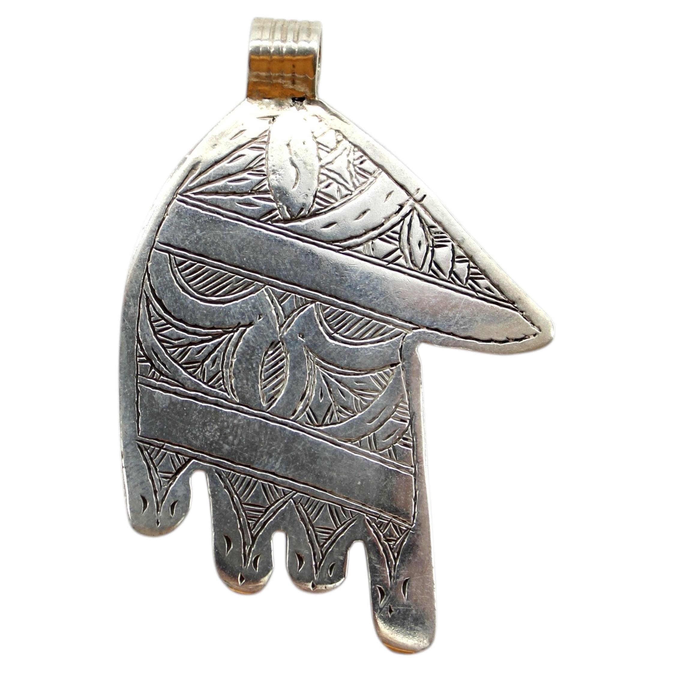 Vintage Berber Hand of Fatima/ Hamsa Sterling Silver Geometric Motif Pendant