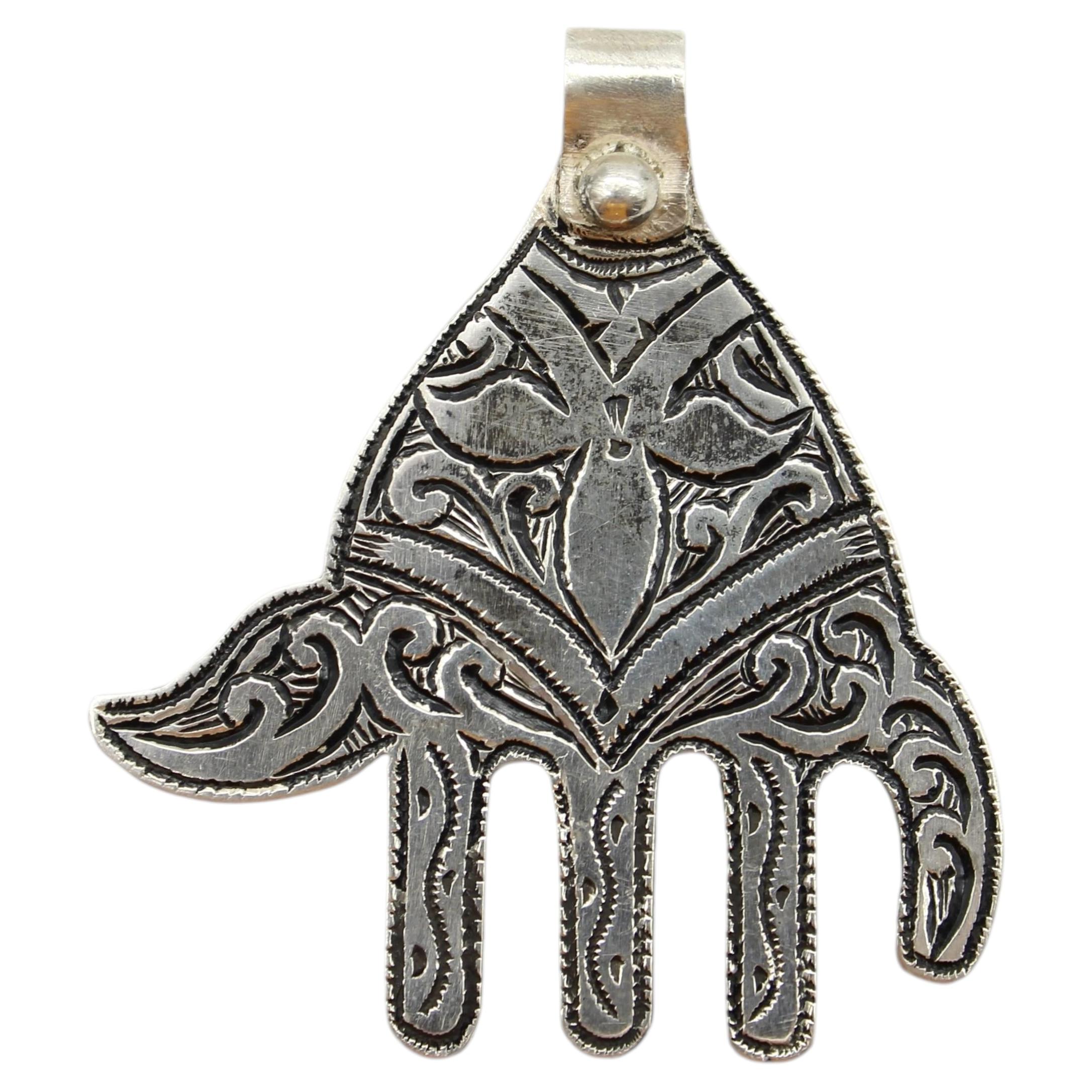 Vintage Berber Hand of Fatima/ Hamsa Sterling Silver Pendant with Abstract Motif For Sale