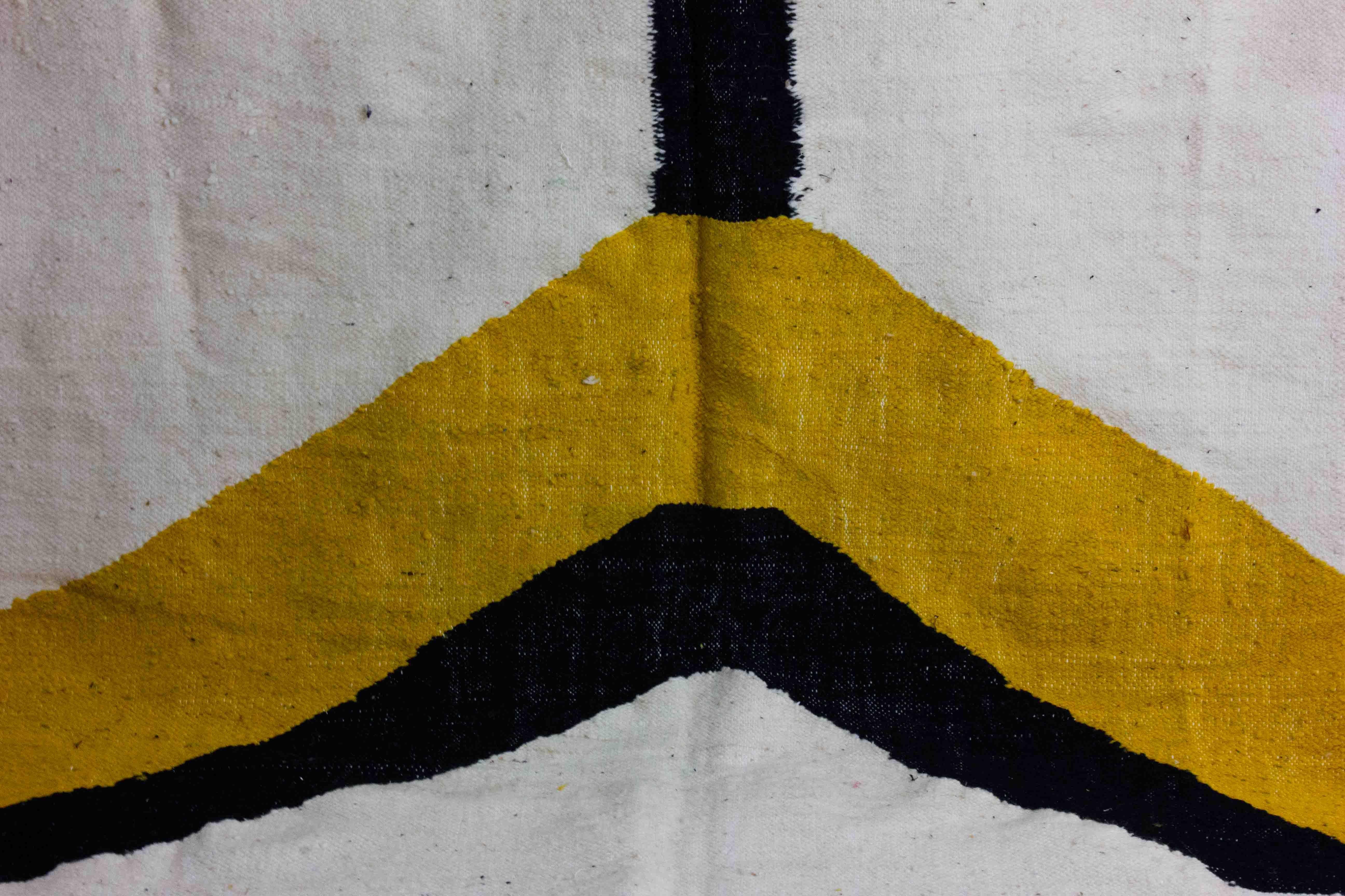 Folk Art Vintage berber kilim rug in wool with abstract shapes in yellow and black For Sale
