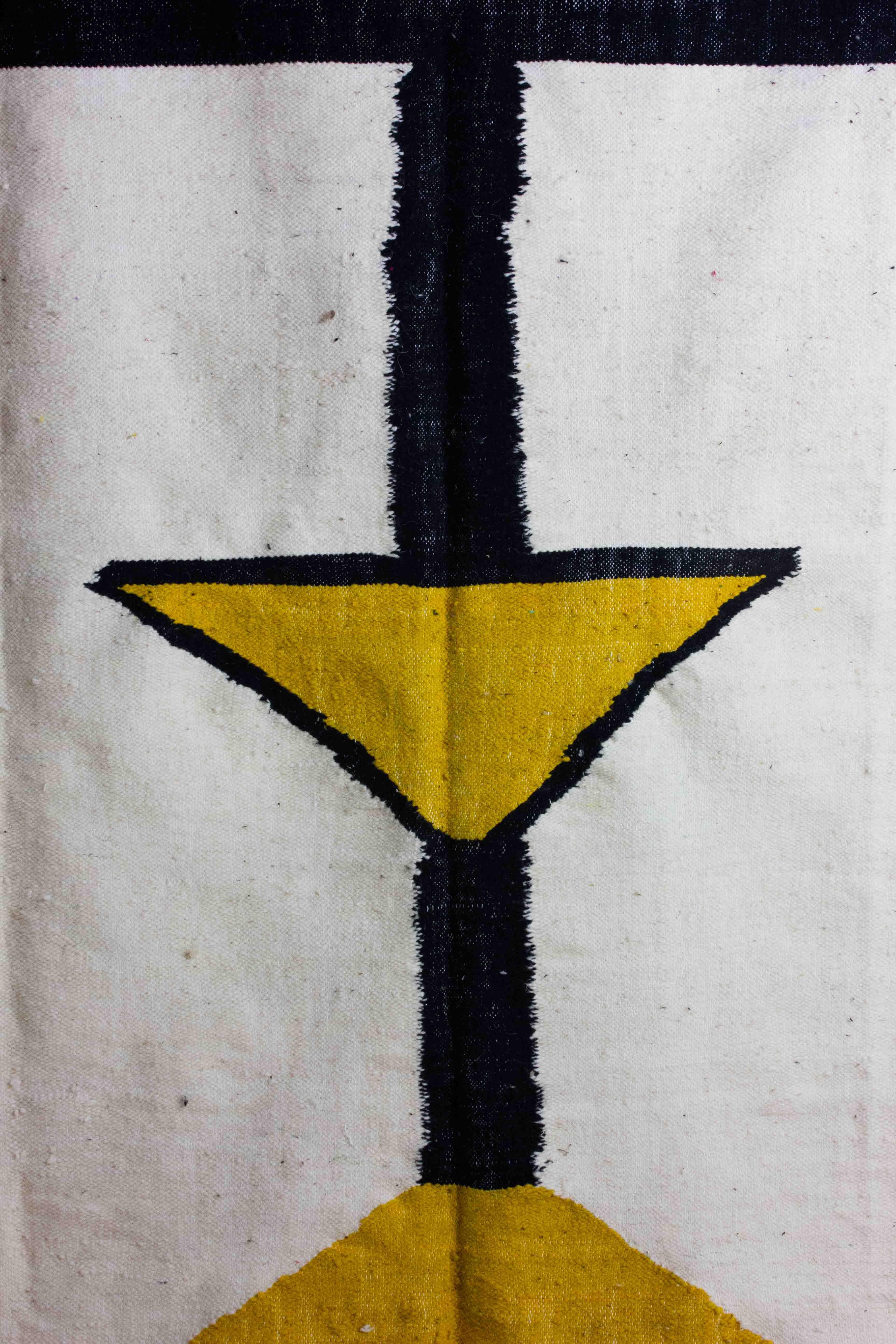 Moroccan Vintage berber kilim rug in wool with abstract shapes in yellow and black For Sale