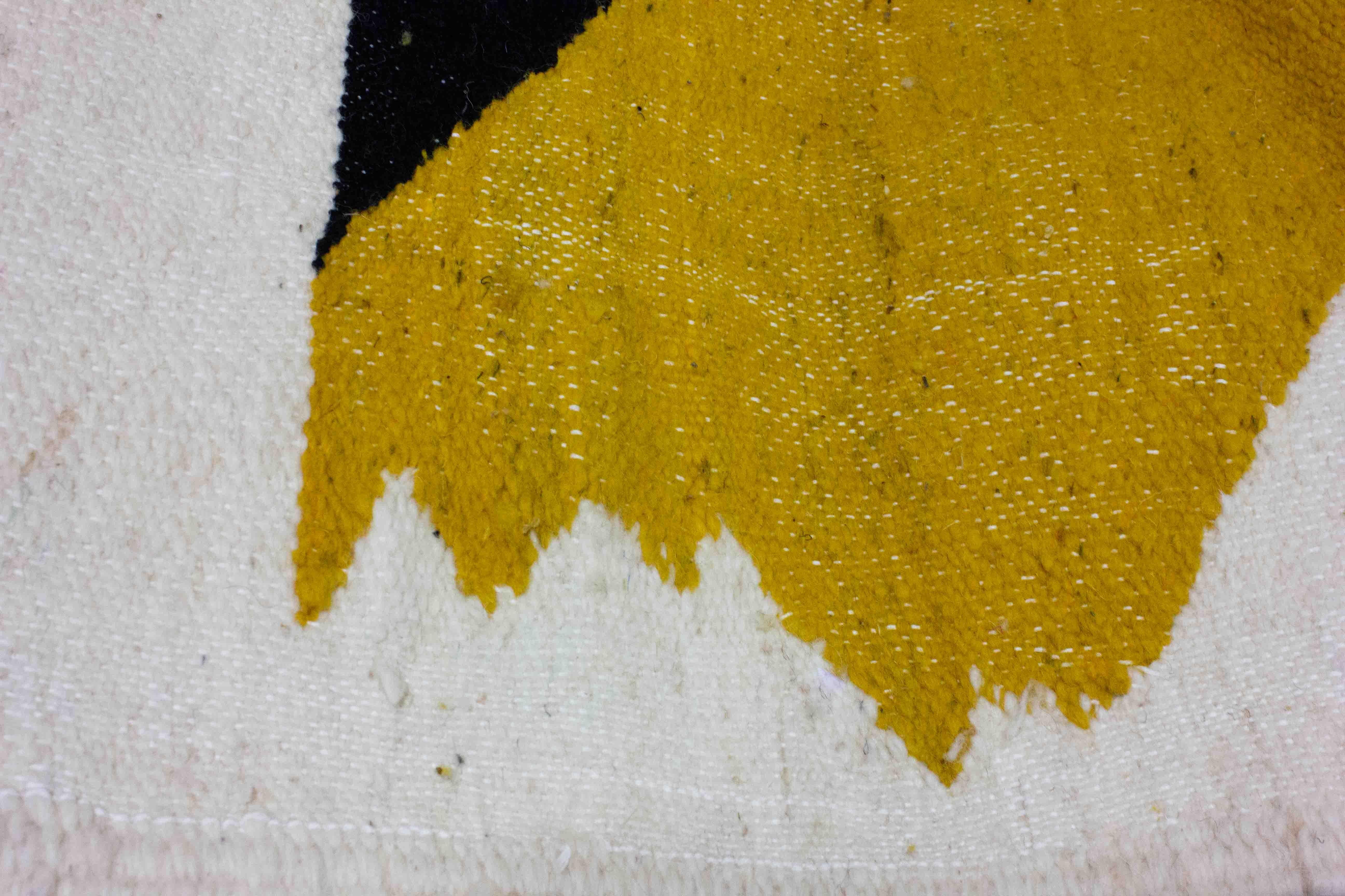 Wool Vintage berber kilim rug in wool with abstract shapes in yellow and black For Sale