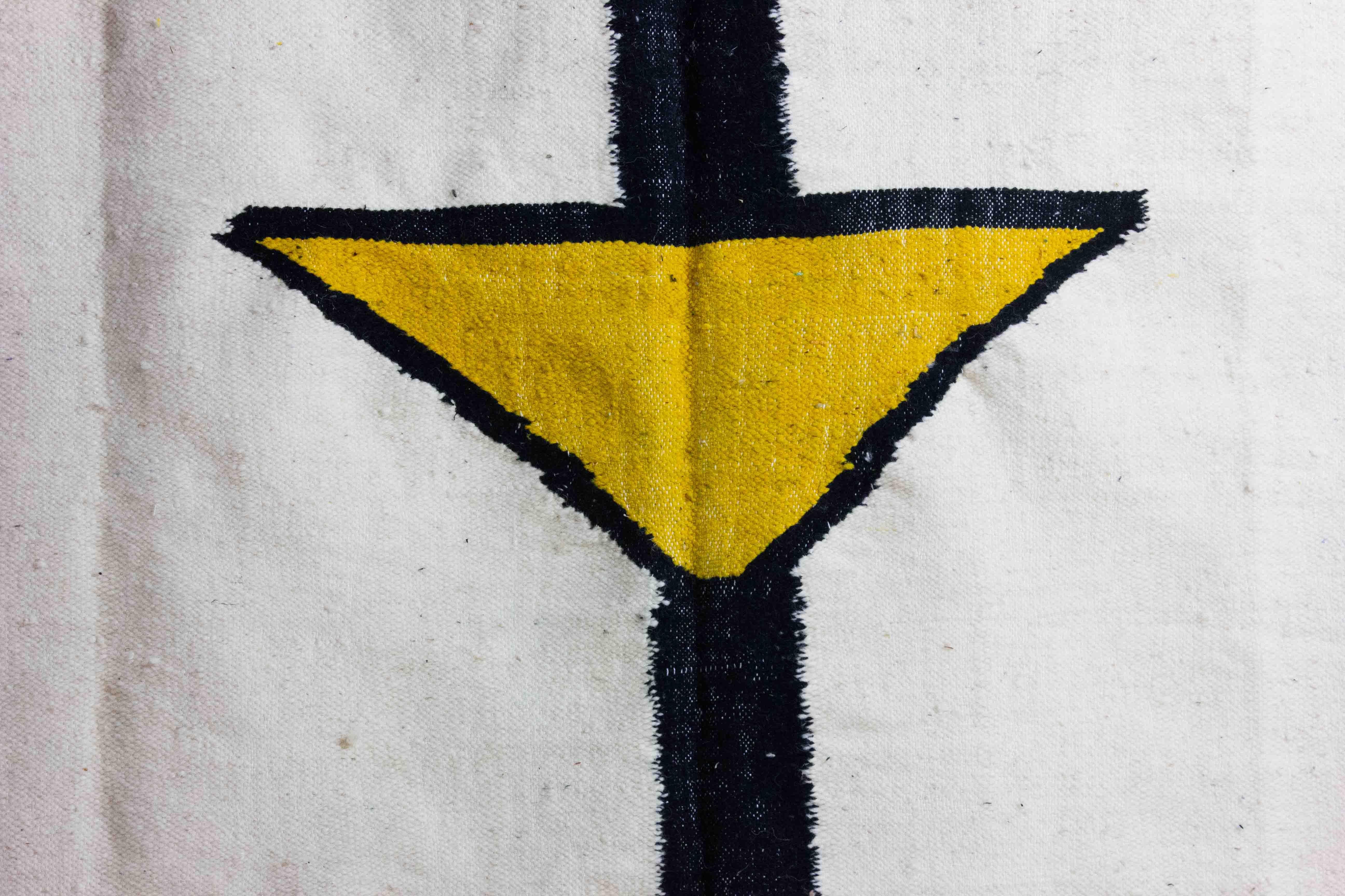 Vintage berber kilim rug in wool with abstract shapes in yellow and black For Sale 1