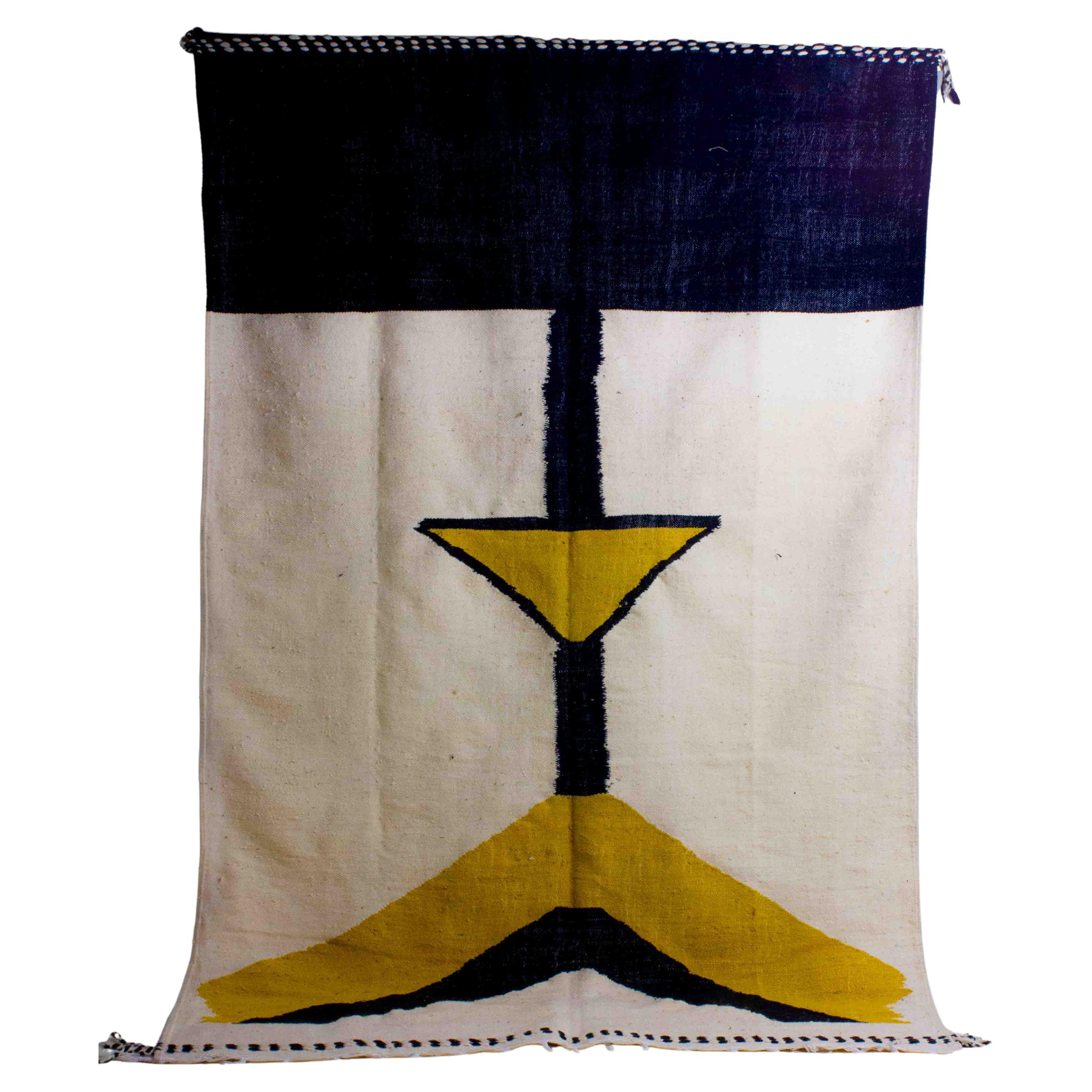 Vintage berber kilim rug in wool with abstract shapes in yellow and black