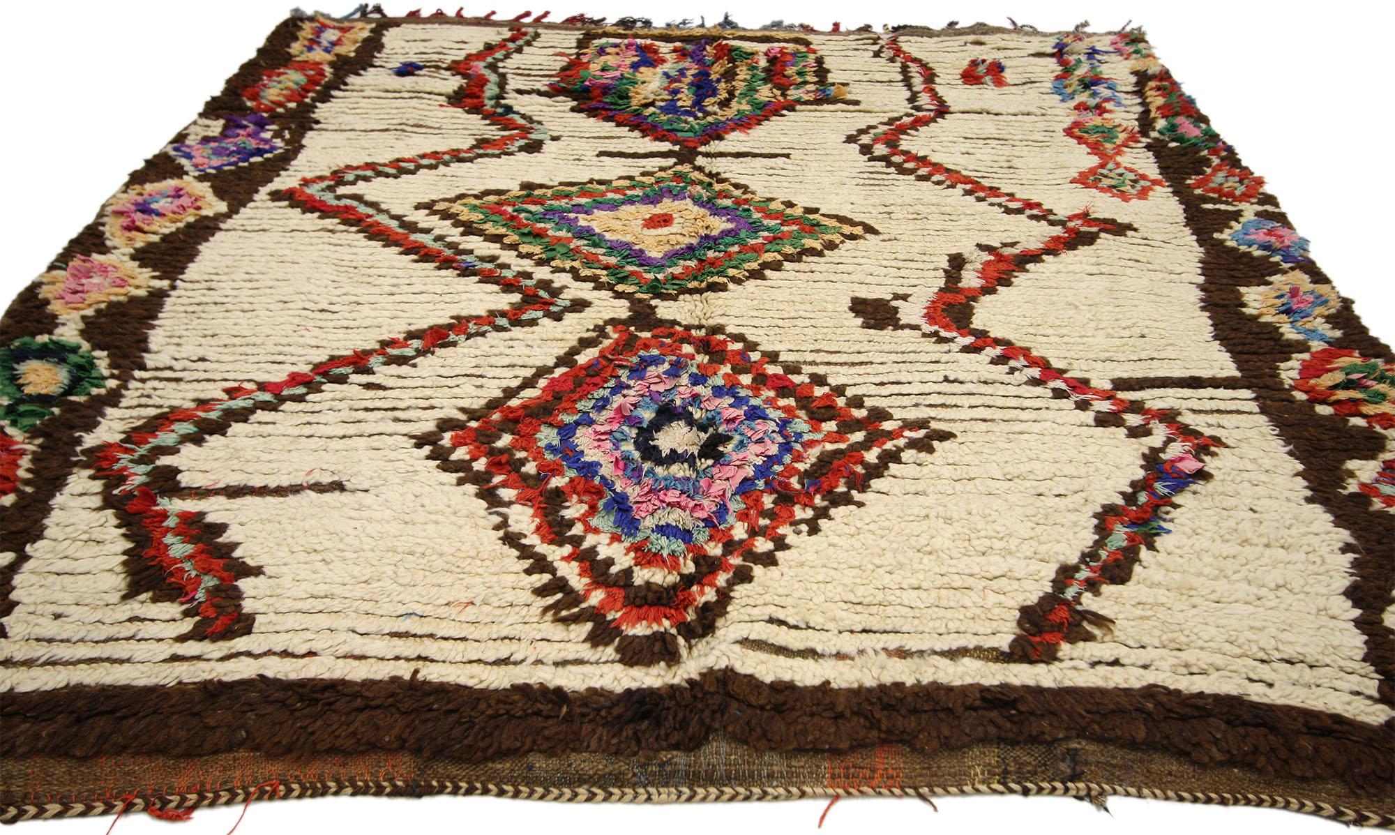 Hand-Knotted Vintage Boucherouite Moroccan Azilal Rug, Cozy Boho Meets Tribal Enchantment For Sale