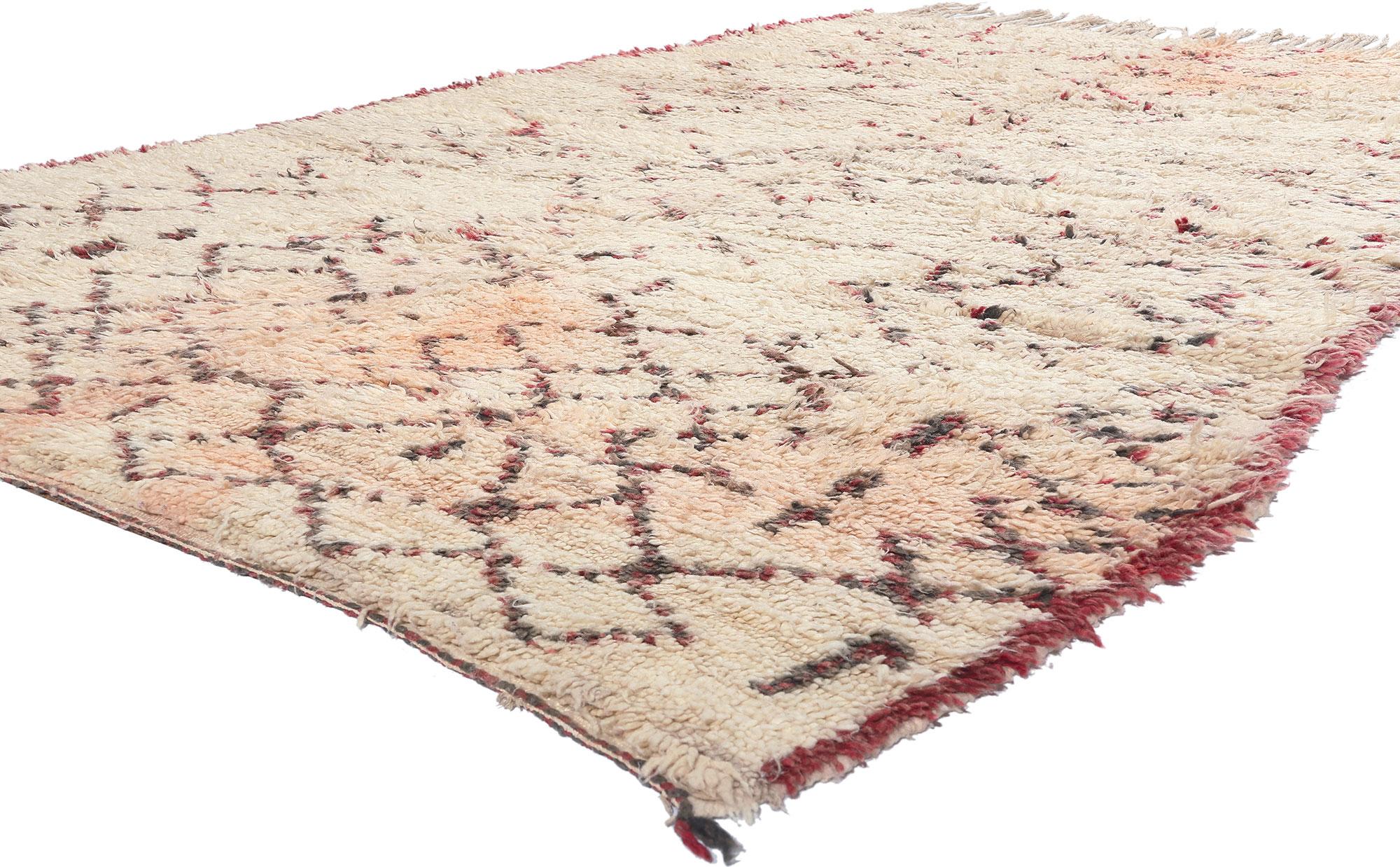 20758 Vintage Berber Moroccan Azilal Rug, 06'03 x 09'06. Enter the enchanting world of Moroccan artistry through our hand-knotted wool vintage Azilal rug—an exquisite piece that transcends the boundaries of mere decor. Crafted by skilled artisans,